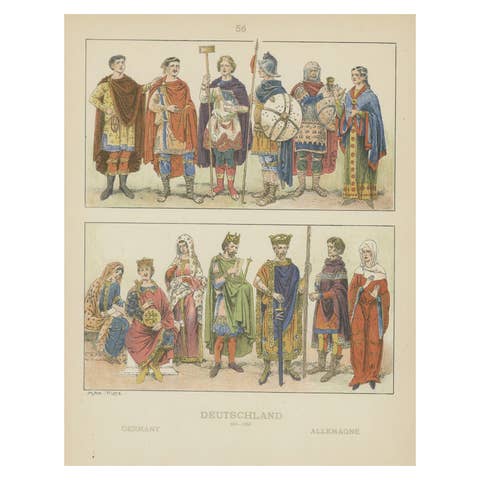Antique German Costume Print 500–1000, Hand-Colored Historical Plate, ca.1880