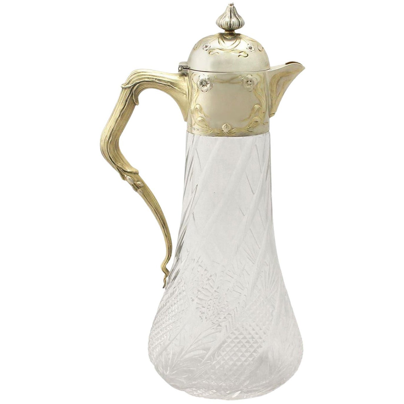 Ancienne cruche à claret allemande en verre taillé et montée en argent
