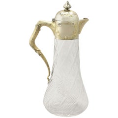 Ancienne cruche à claret allemande en verre taillé et montée en argent