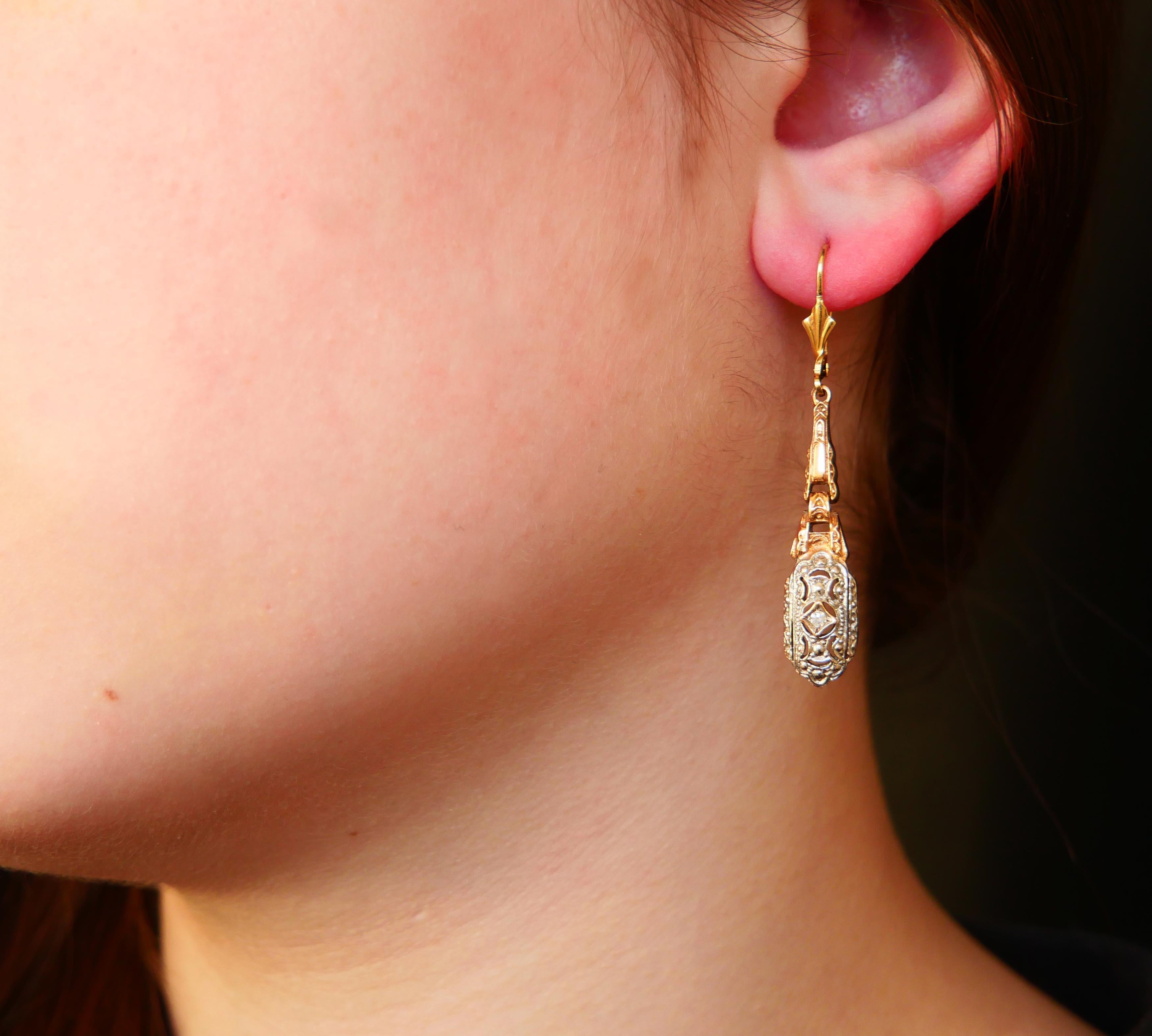 Old European Cut Antique German Dangle Earrings Diamonds solid 14K Gold / 6.75gr For Sale
