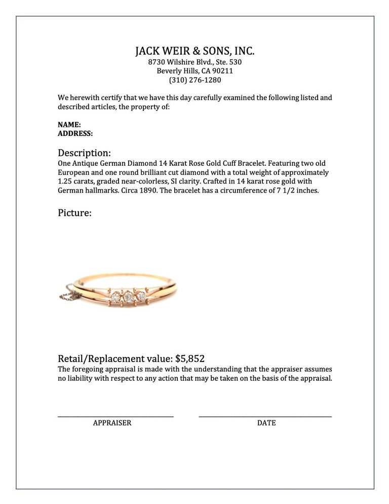 Antique German Diamond 14 Karat Rose Gold Cuff Bracelet 1