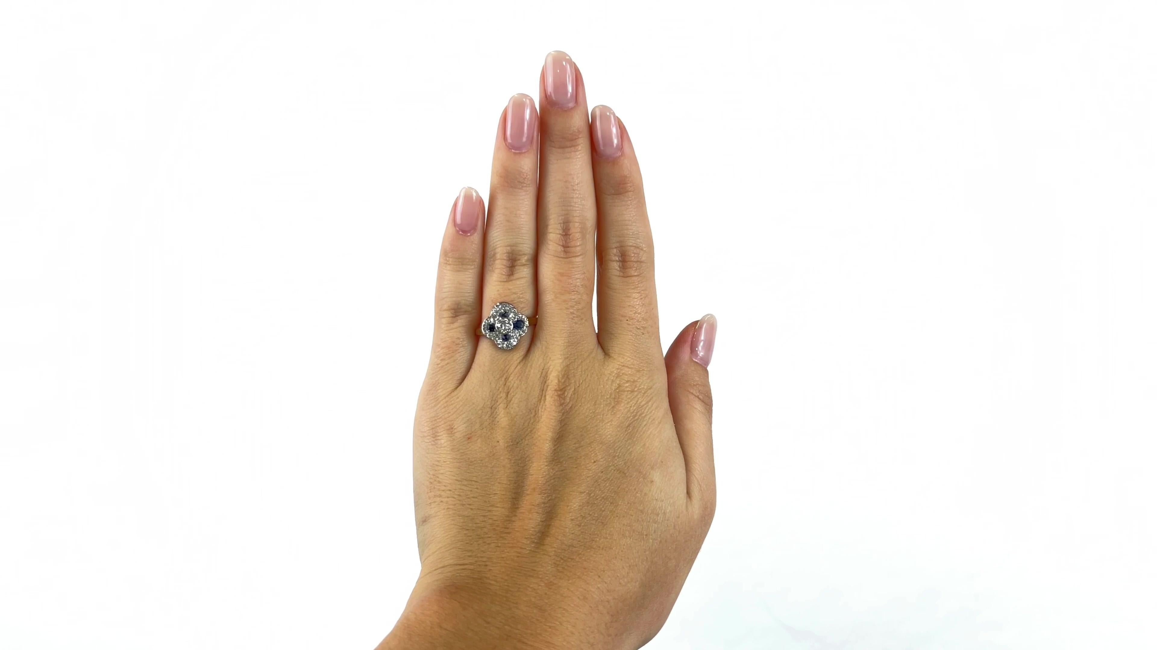 One Antique German Diamond Sapphire Gold Ring. Featuring one old European cut diamond weighing approximately 0.36 carat, graded H color, SI1 clarity. Accented by 20 old European cut diamonds with a total weight of approximately 0.66 carats, graded H
