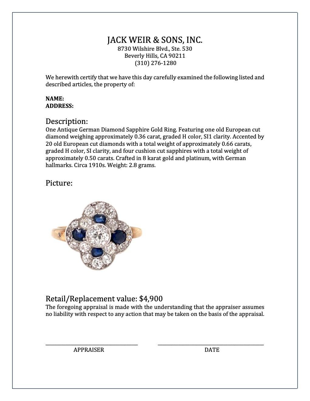 Women's or Men's Antique German Diamond Sapphire Gold Ring