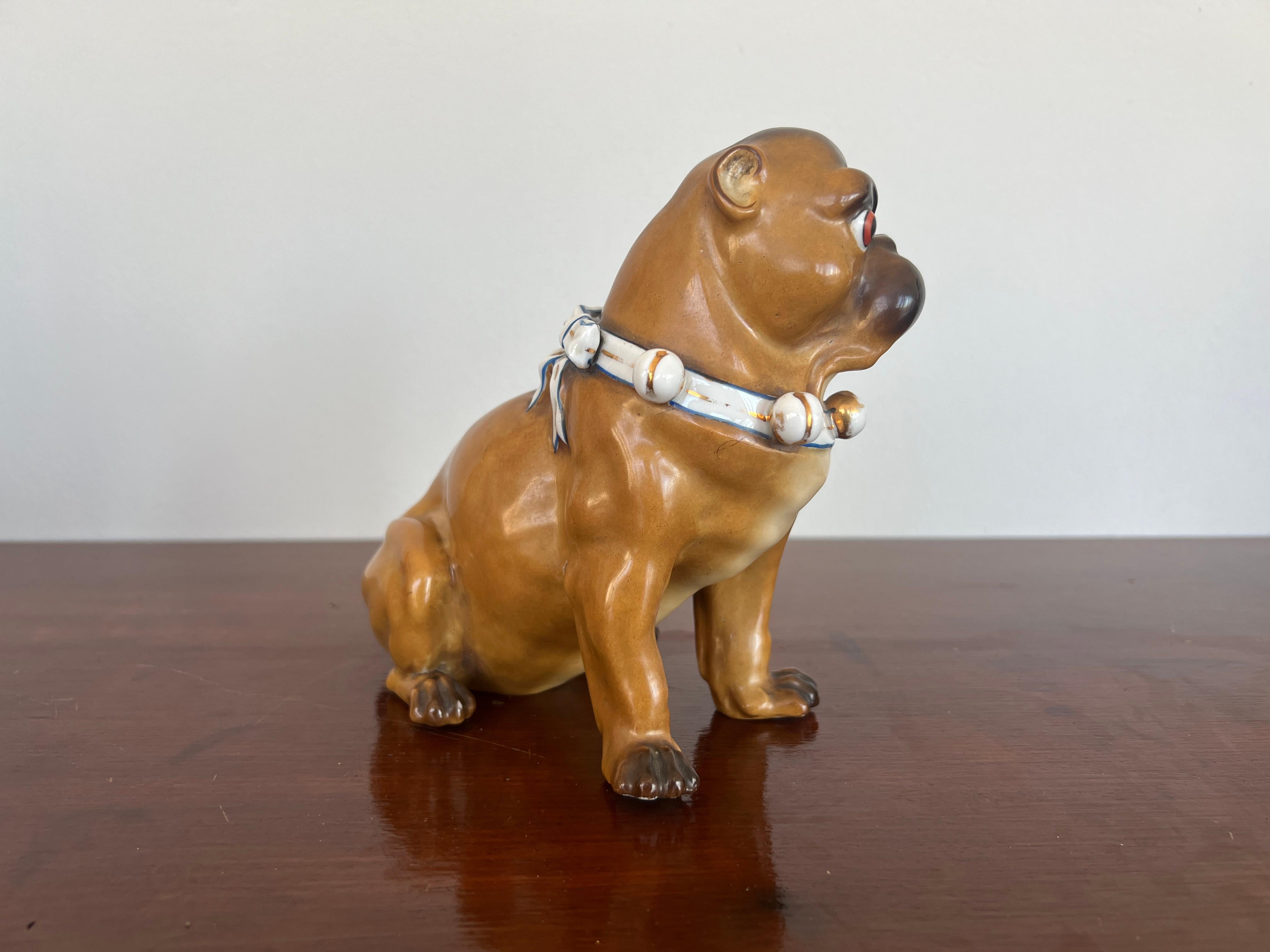 Antique German Dog Porcelain Figure of a Seated Pug In Good Condition For Sale In Atlanta, GA
