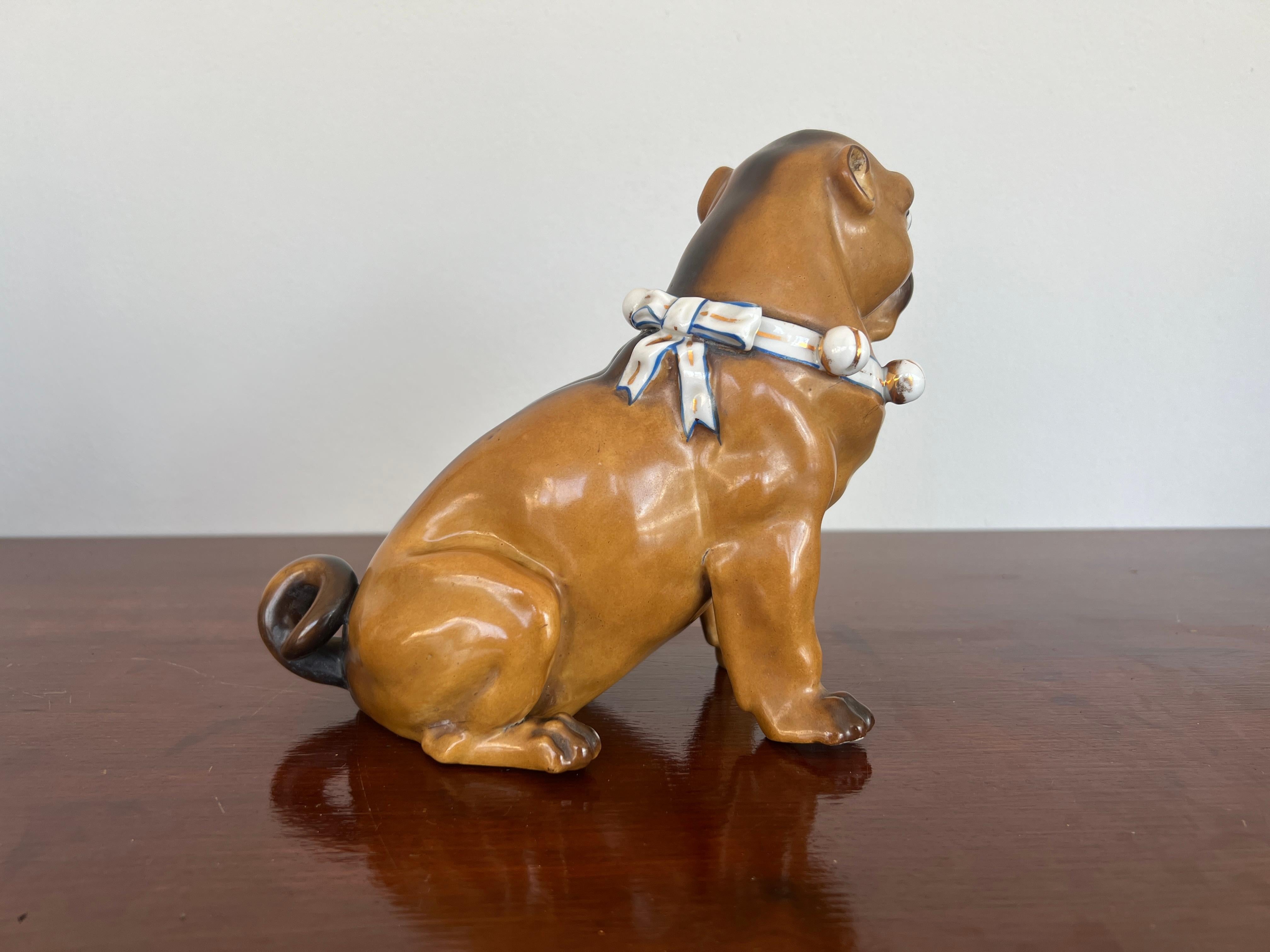 19th Century Antique German Dog Porcelain Figure of a Seated Pug For Sale