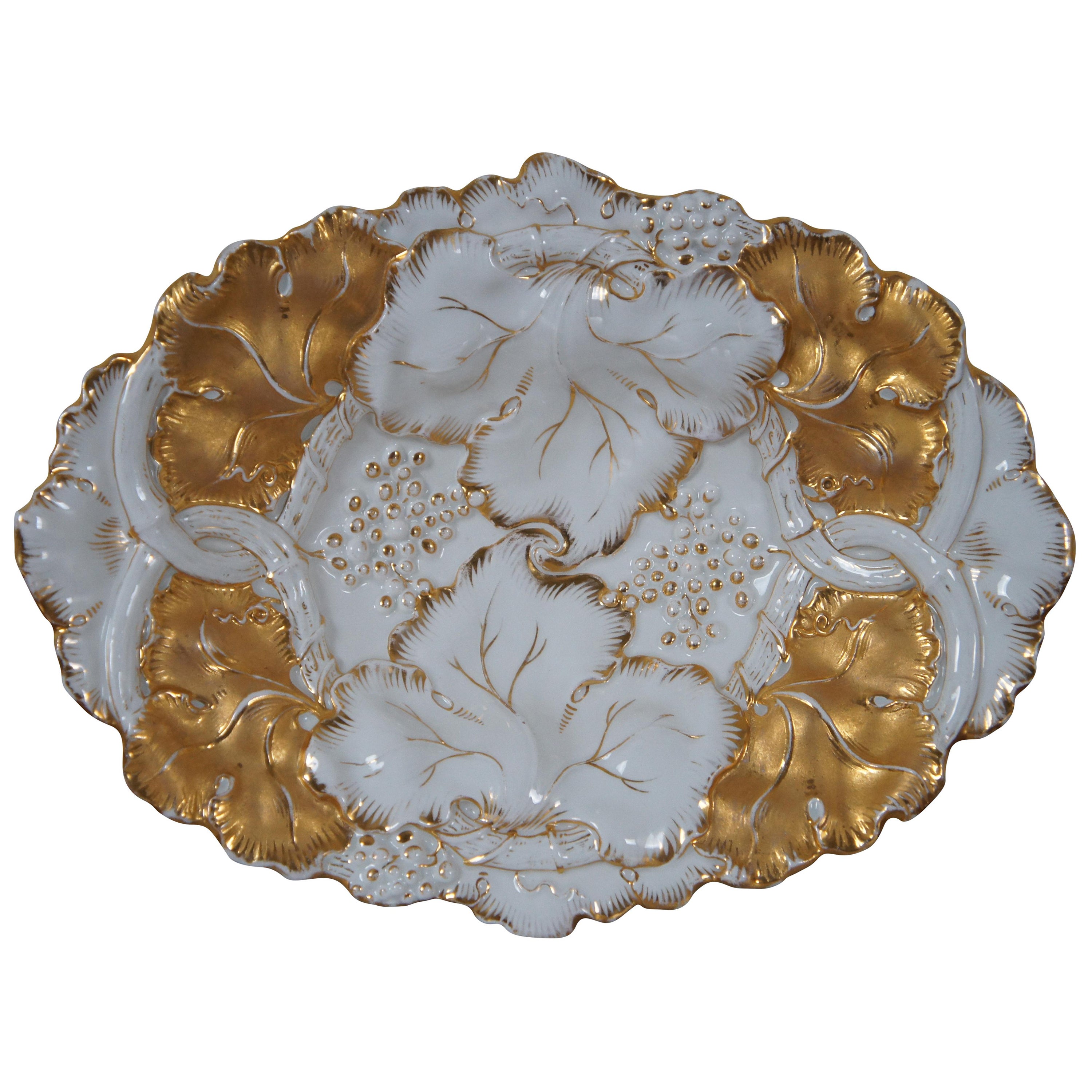 Antique German Dresden Meissen Gilded Grape Leaves Centerpiece Compote 14" For Sale