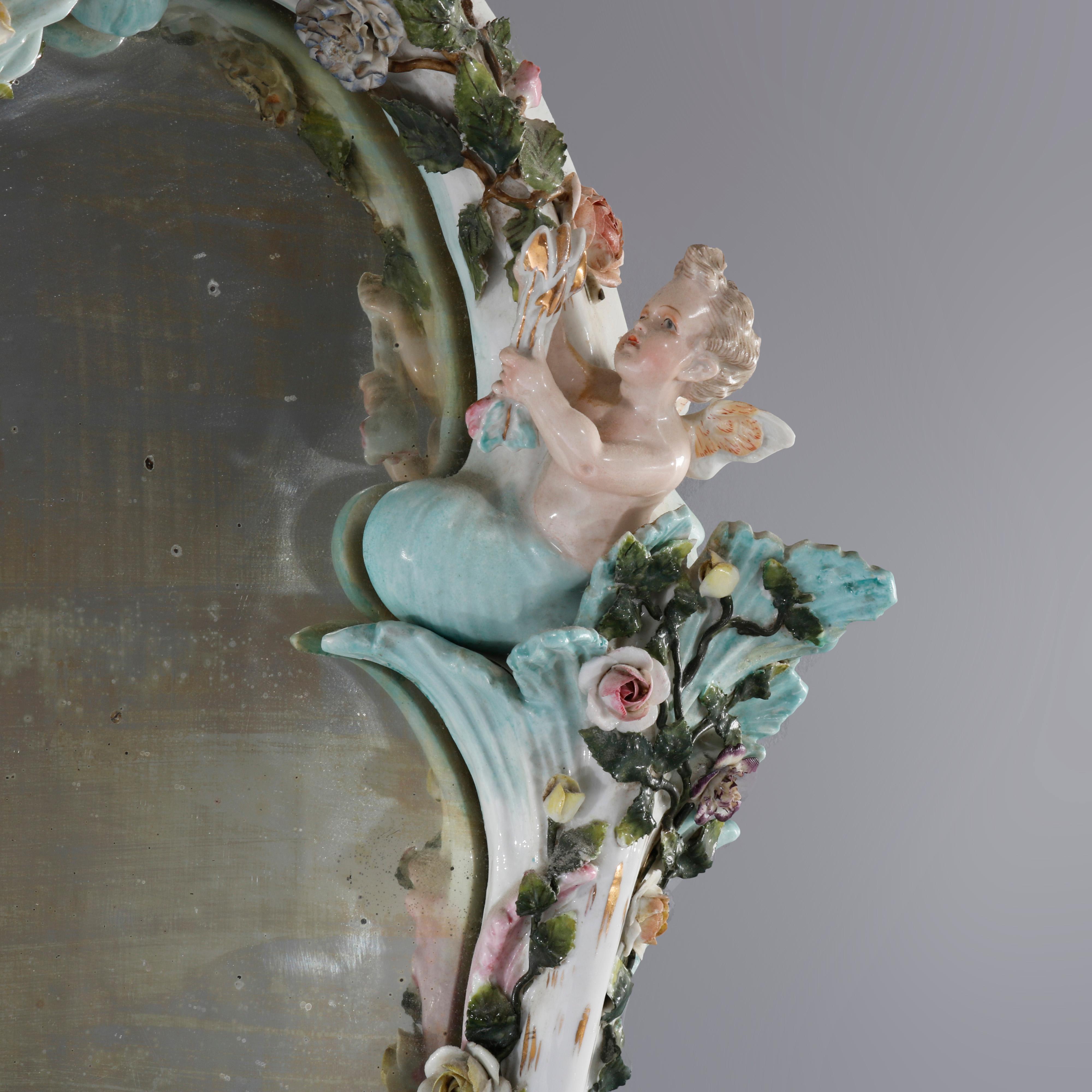 Antique German Dresden Porcelain Figural Cherub Double Candle Wall Mirror 19th C 7