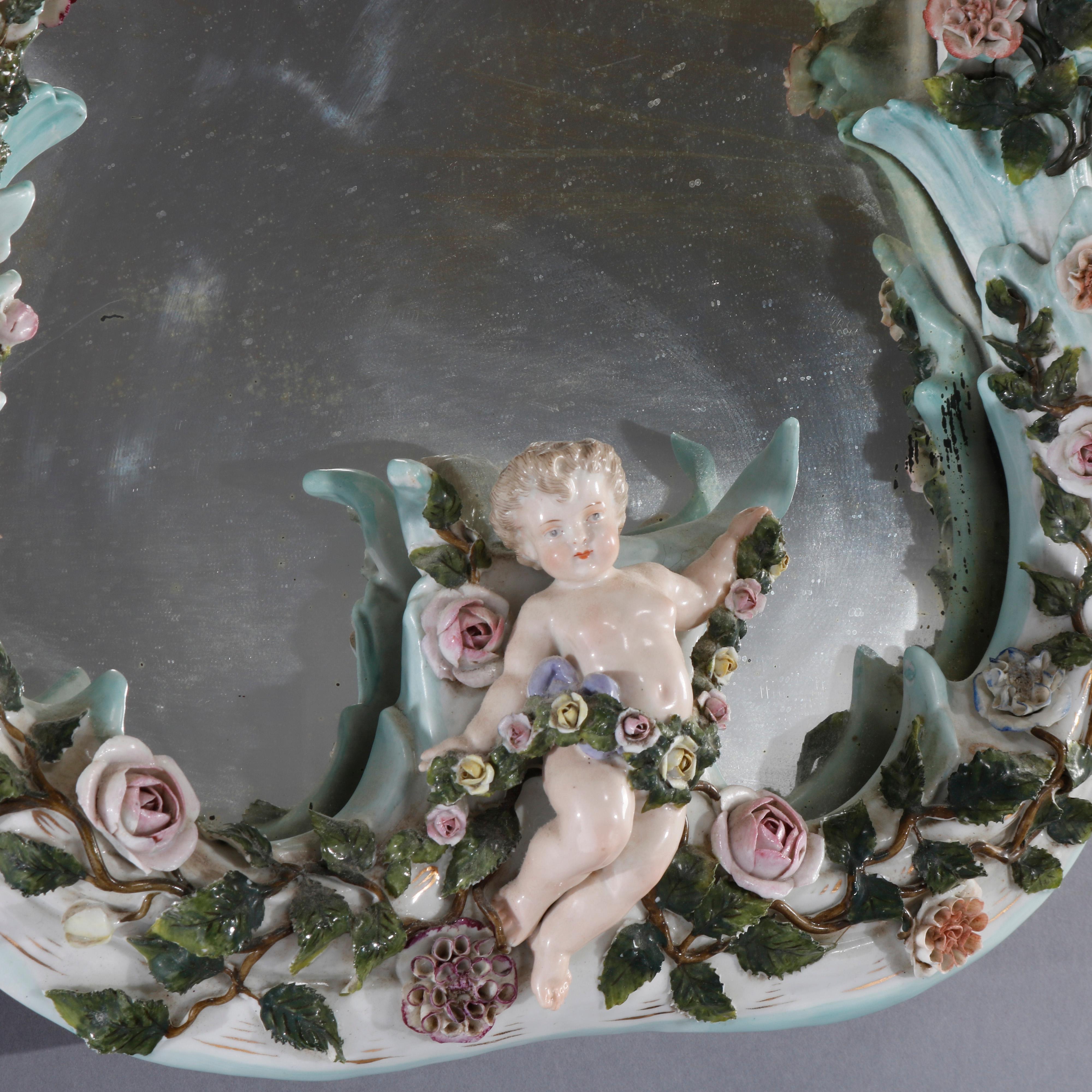 Antique German Dresden Porcelain Figural Cherub Double Candle Wall Mirror 19th C 2