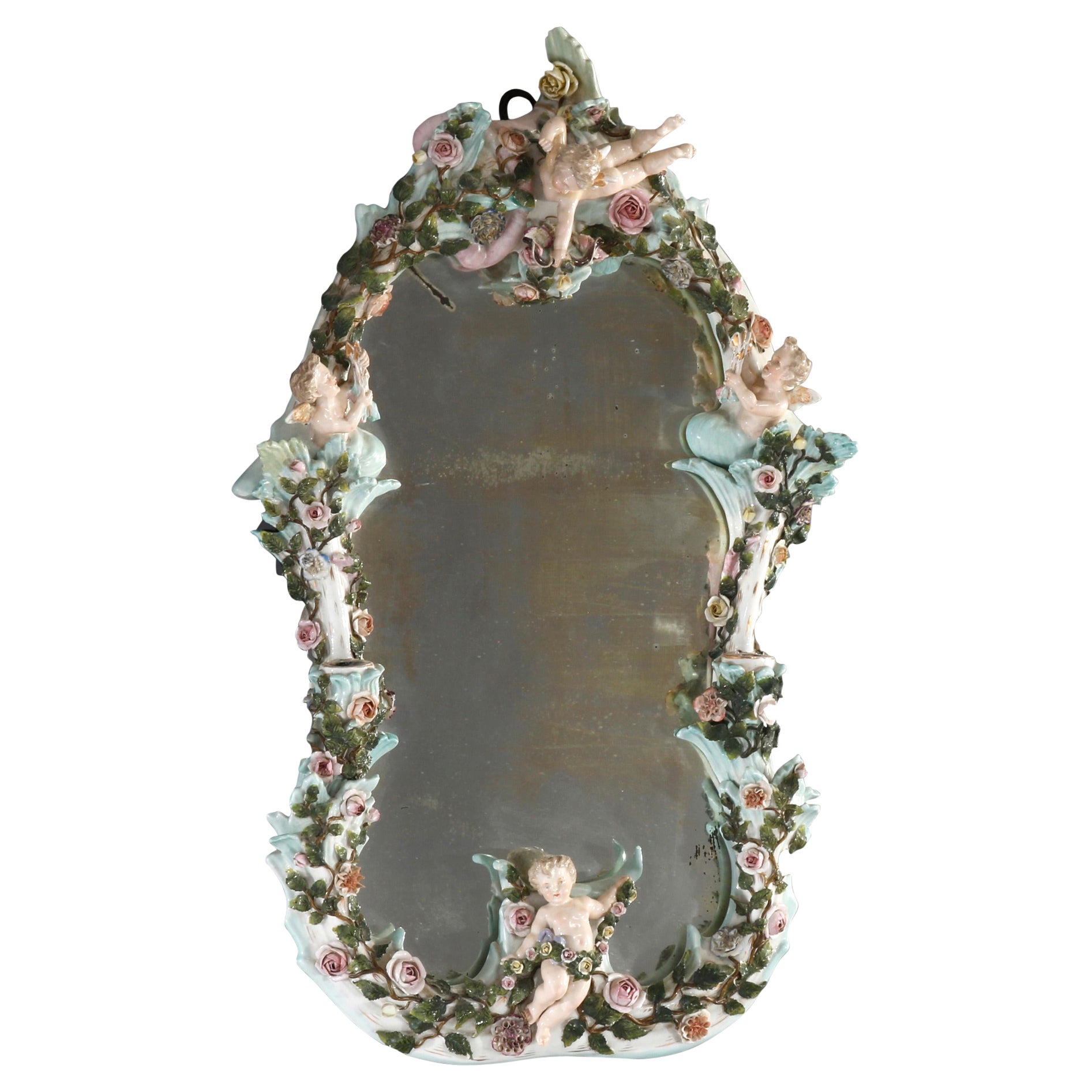 Antique German Dresden Porcelain Figural Cherub Double Candle Wall Mirror 19th C