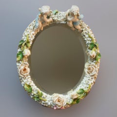 Antique German Dresden Porcelain Figural Cherub Wall Mirror, 19th Century