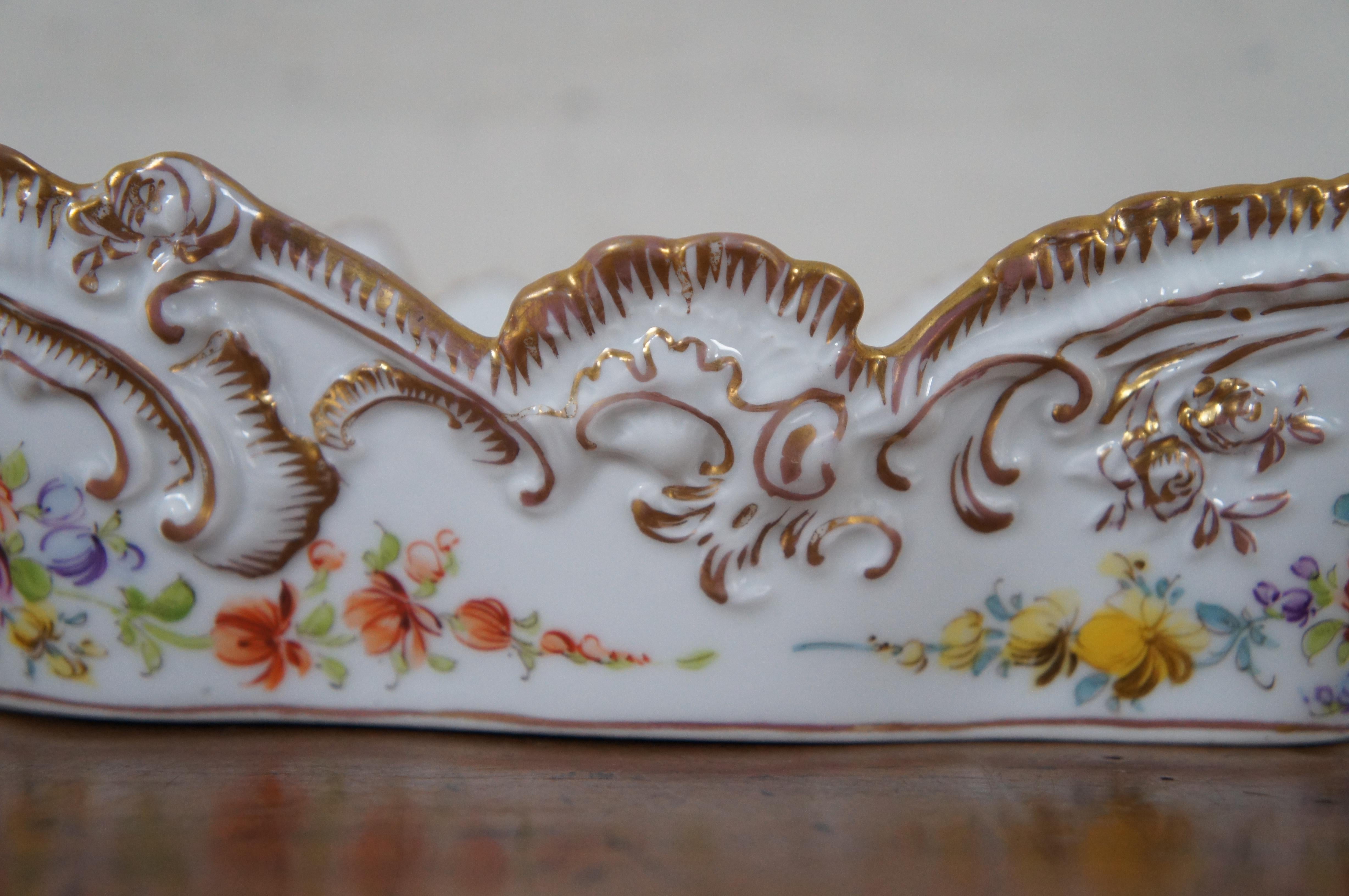 19th Century Antique German Dresden Porcelain Gilded Floral Centerpiece Bowl Compote 12