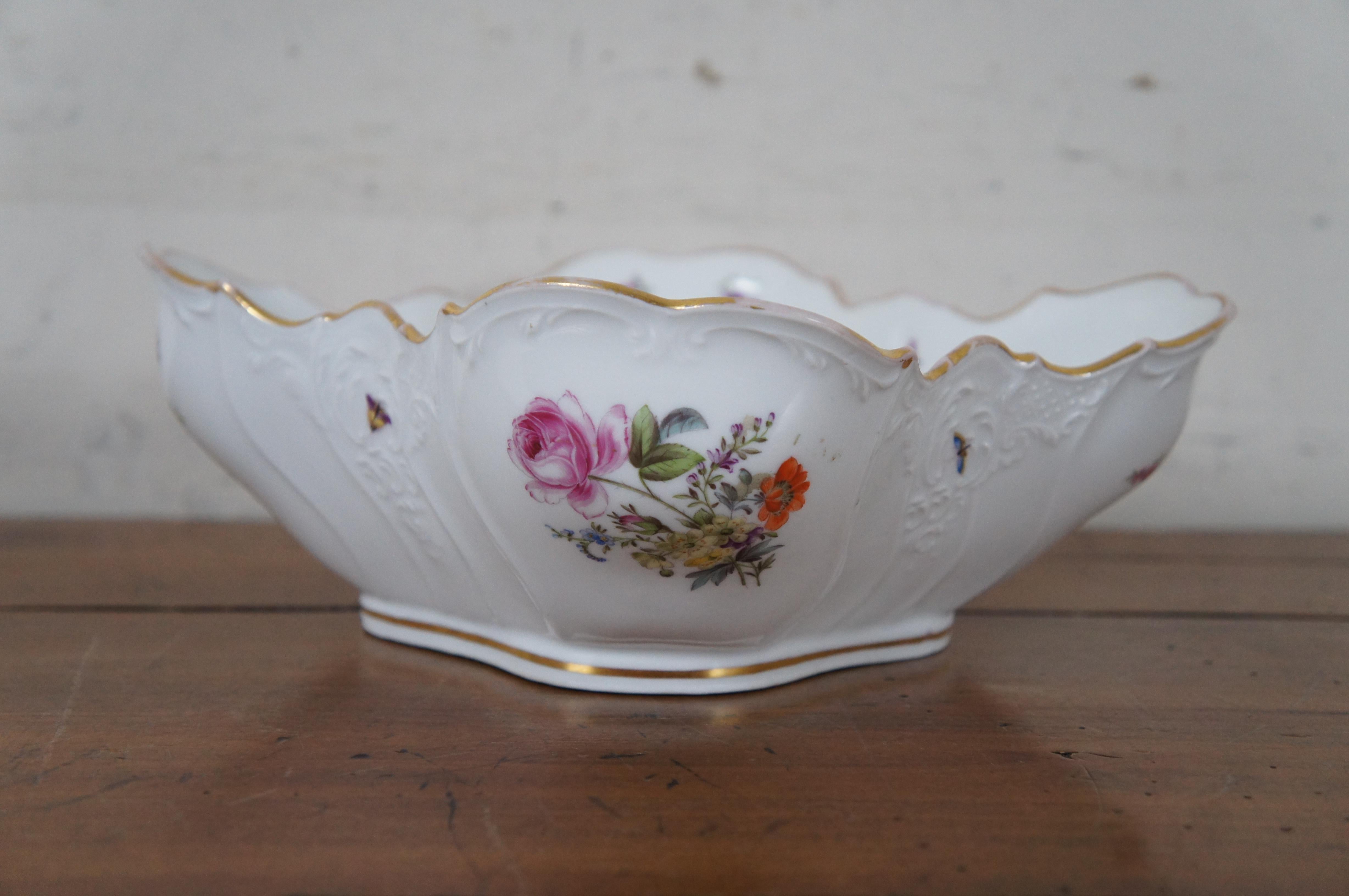 Porcelain Antique German Dresden Ruffled Serpentine Floral Butterfly Bowl Compote 9