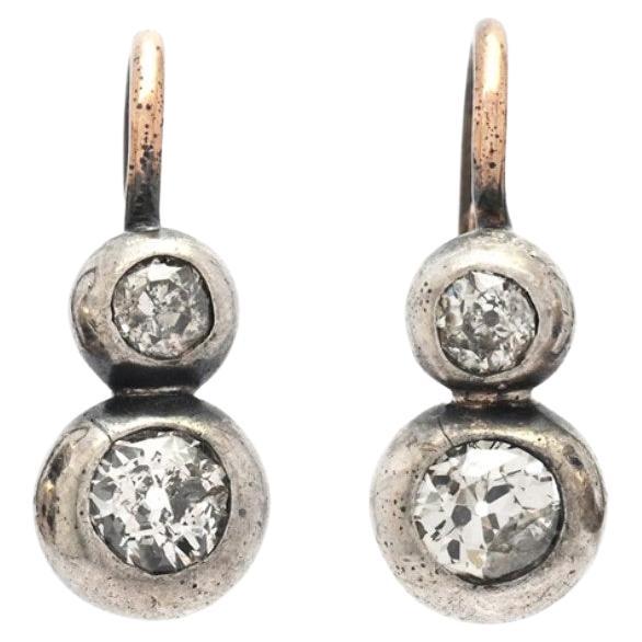 Antique German Earrings natural 1.2 ctw Diamonds solid 14K Gold Silver / 3.6 gr