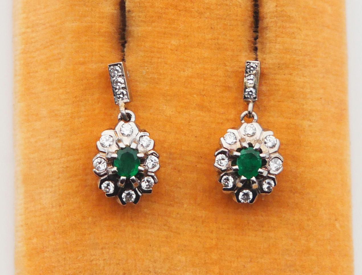Art Deco Antique German Earrings natural Emeralds Diamonds solid 18K White Gold / 3.66gr For Sale