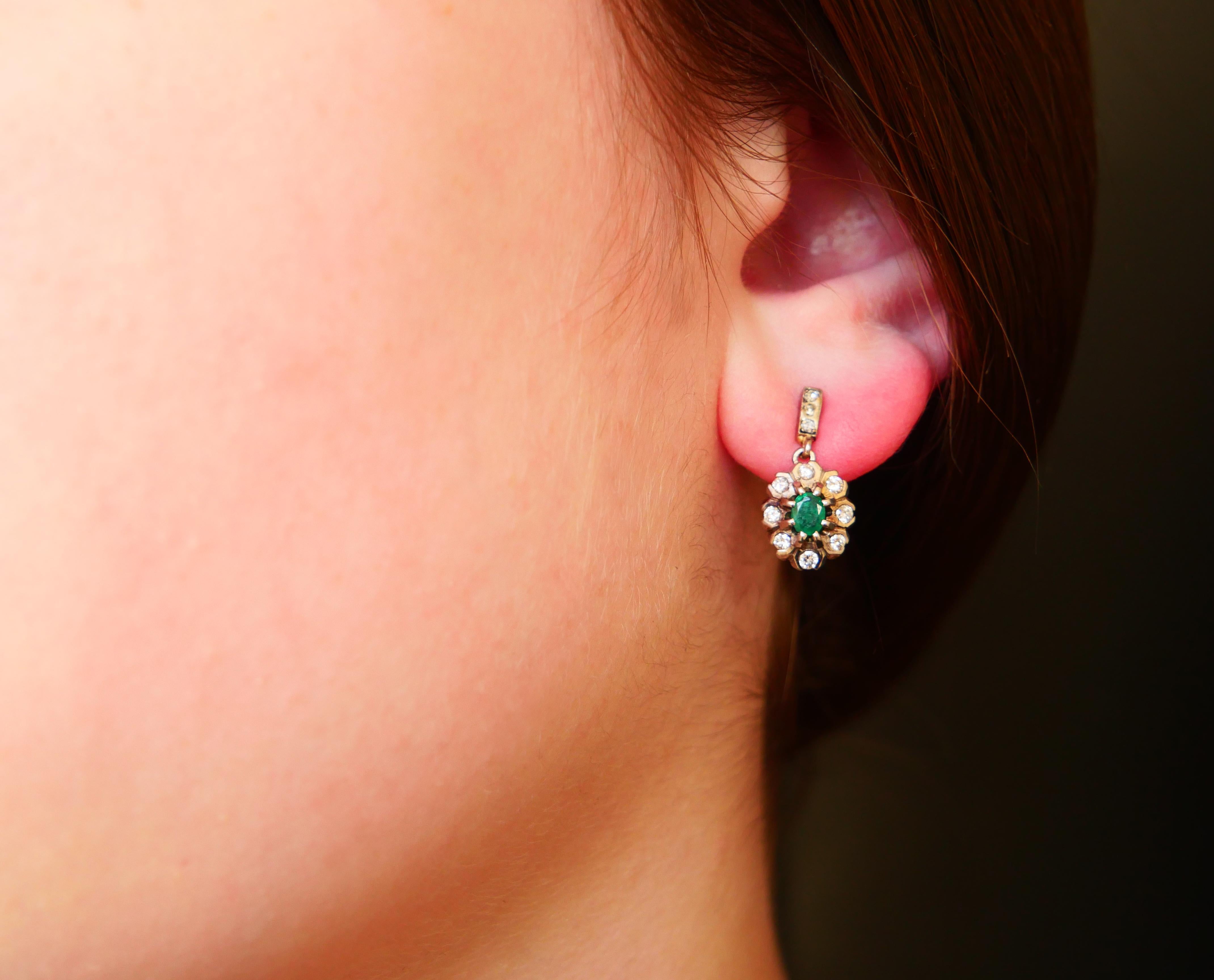 Oval Cut Antique German Earrings natural Emeralds Diamonds solid 18K White Gold / 3.66gr For Sale