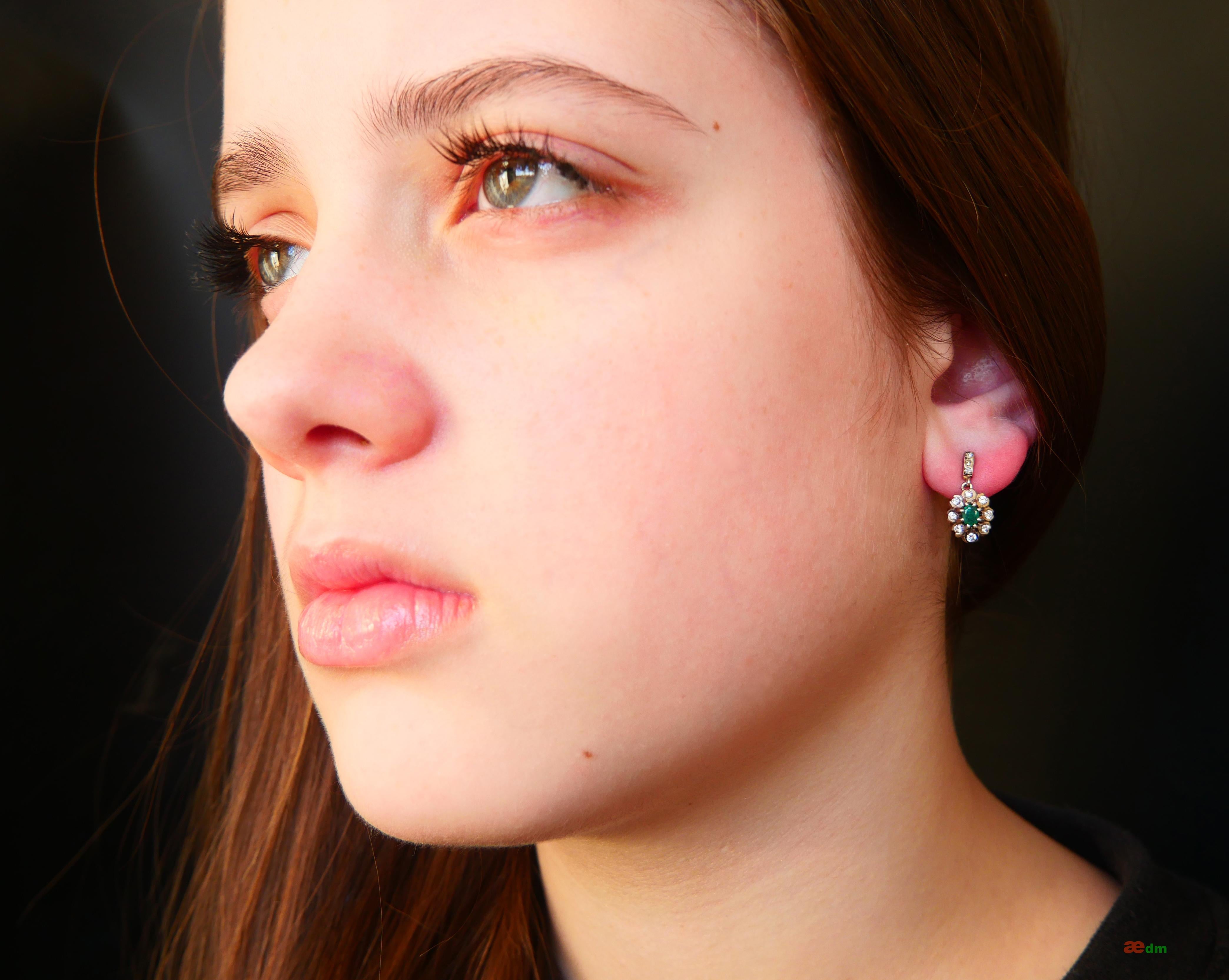Women's Antique German Earrings natural Emeralds Diamonds solid 18K White Gold / 3.66gr For Sale