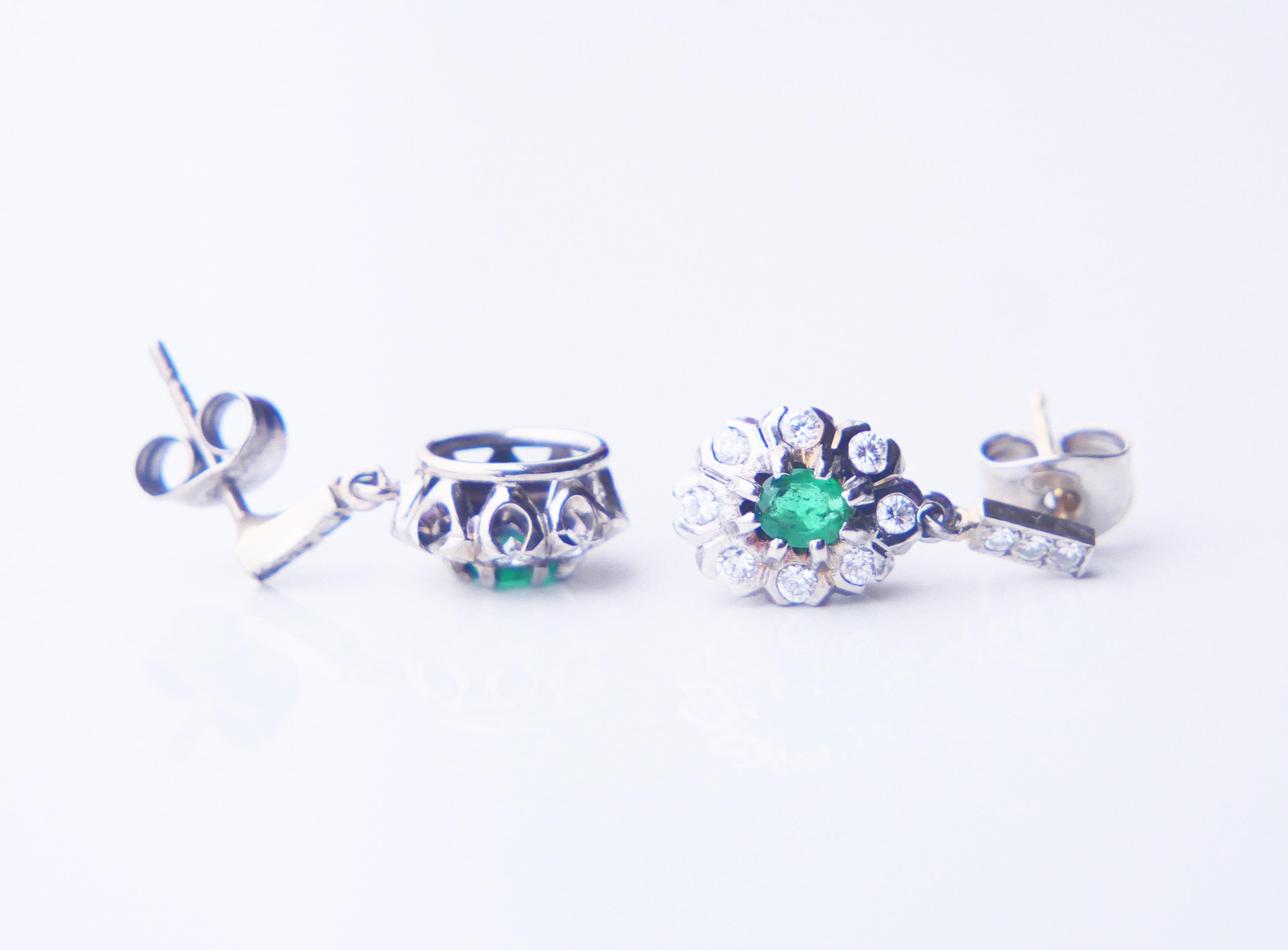 Antique German Earrings natural Emeralds Diamonds solid 18K White Gold / 3.66gr For Sale 2