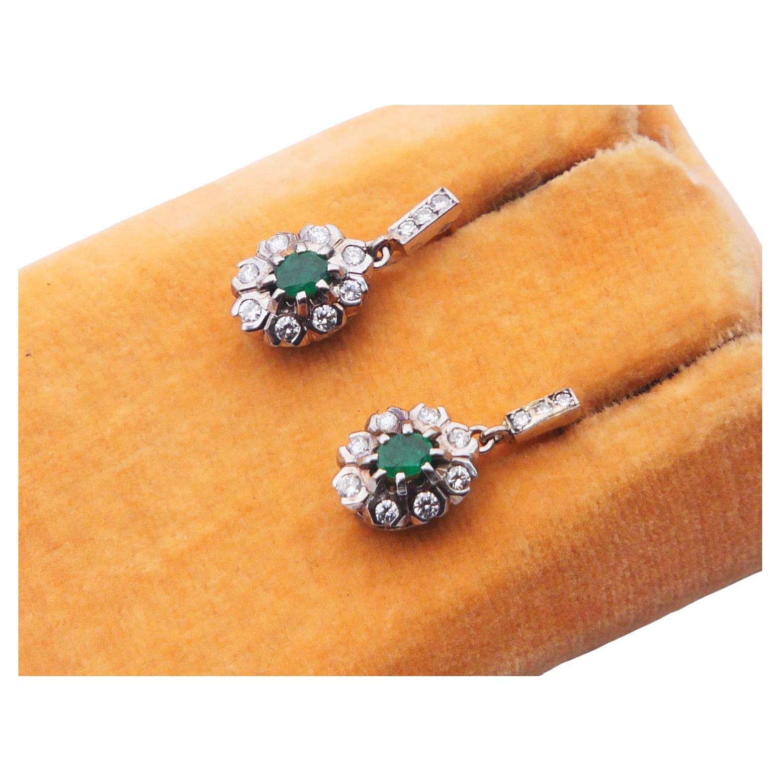Antique German Earrings natural Emeralds Diamonds solid 18K White Gold / 3.66gr For Sale