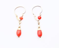 Antique German Earrings natural Red Coral Seed Pearls solid 585/14K Gold / 0.9gr