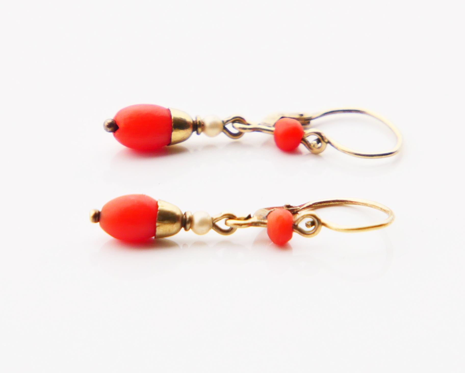 Art Nouveau Antique German Earrings natural Red Coral Seed Pearls solid 585/14K Gold / 0.9gr For Sale