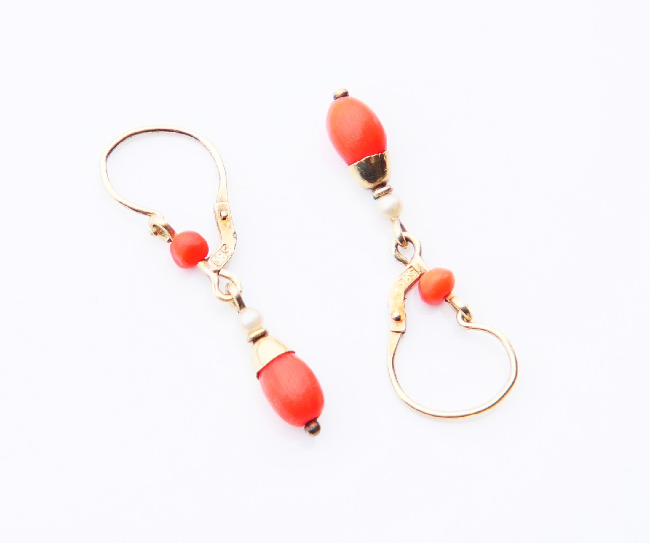 Women's Antique German Earrings natural Red Coral Seed Pearls solid 585/14K Gold / 0.9gr For Sale