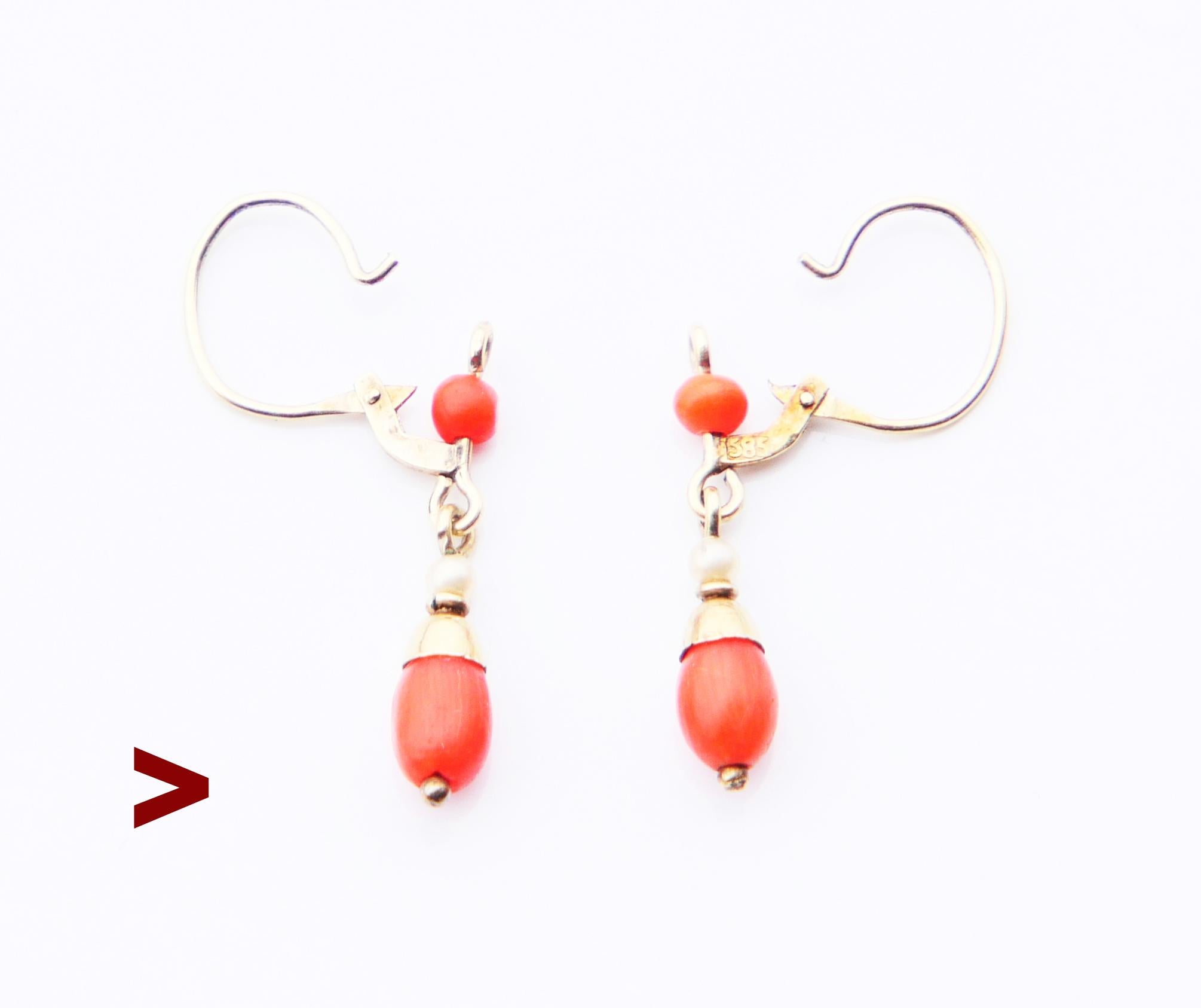 Antique German Earrings natural Red Coral Seed Pearls solid 585/14K Gold / 0.9gr For Sale 1