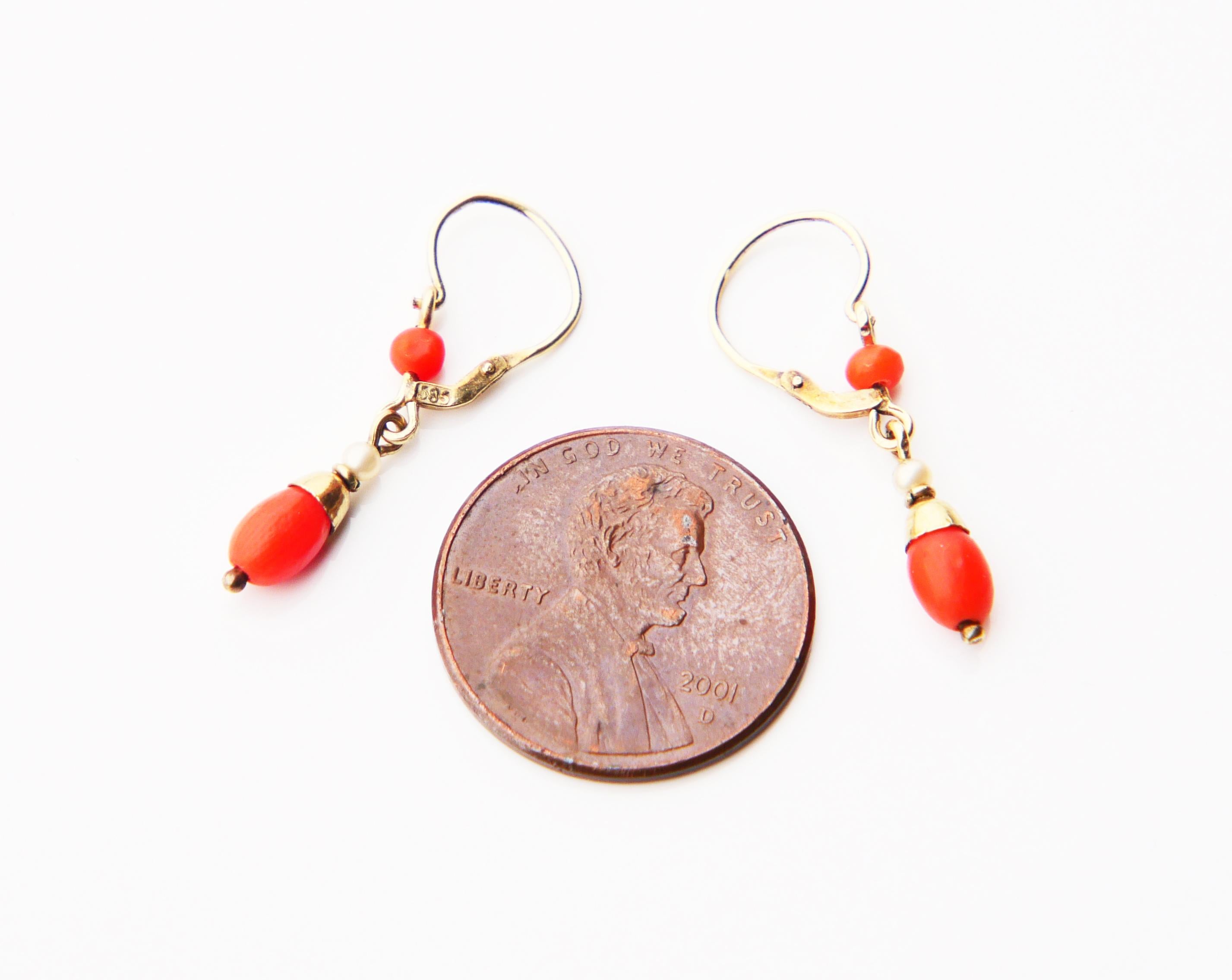 Antique German Earrings natural Red Coral Seed Pearls solid 585/14K Gold / 0.9gr For Sale 2