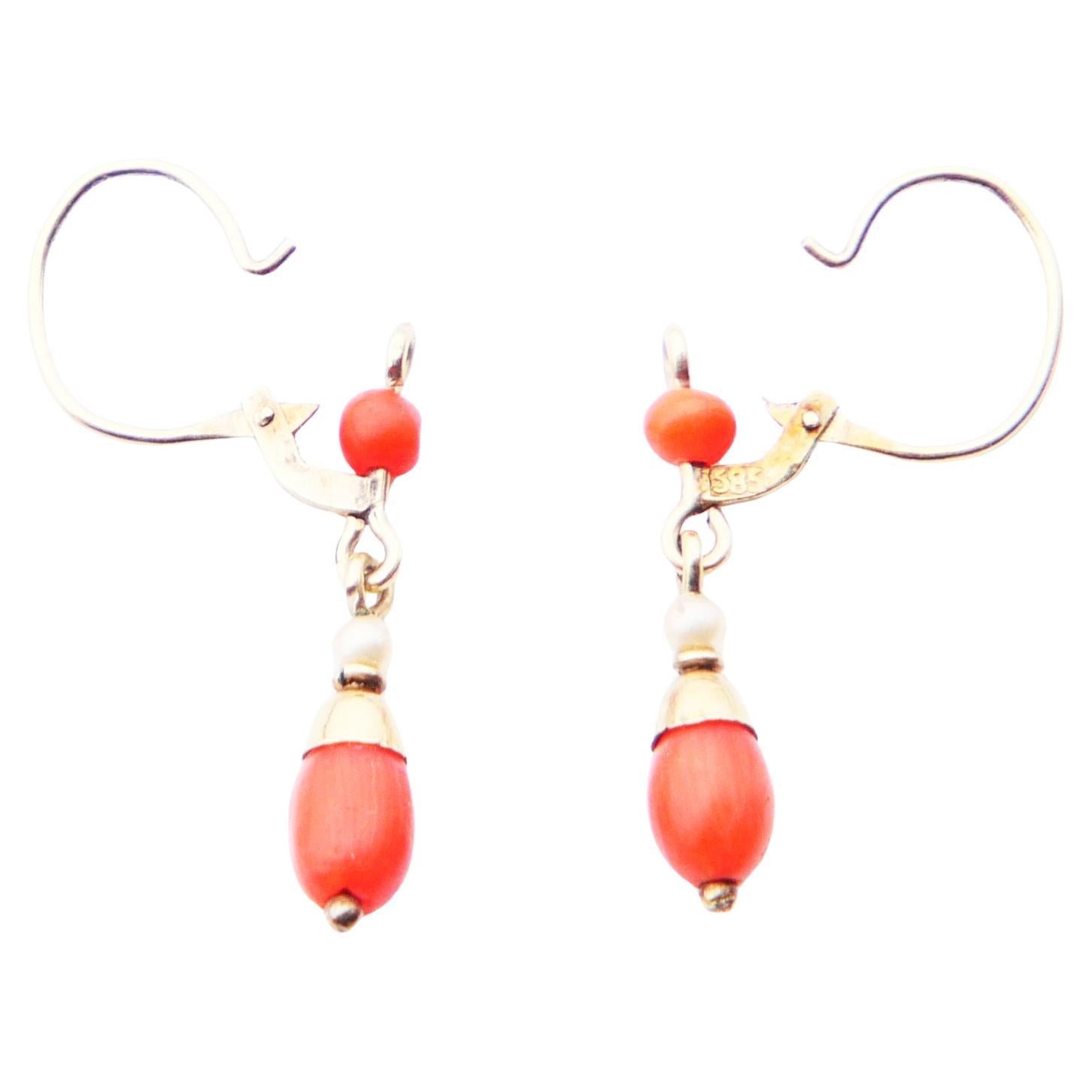 Antique German Earrings natural Red Coral Seed Pearls solid 585/14K Gold / 0.9gr