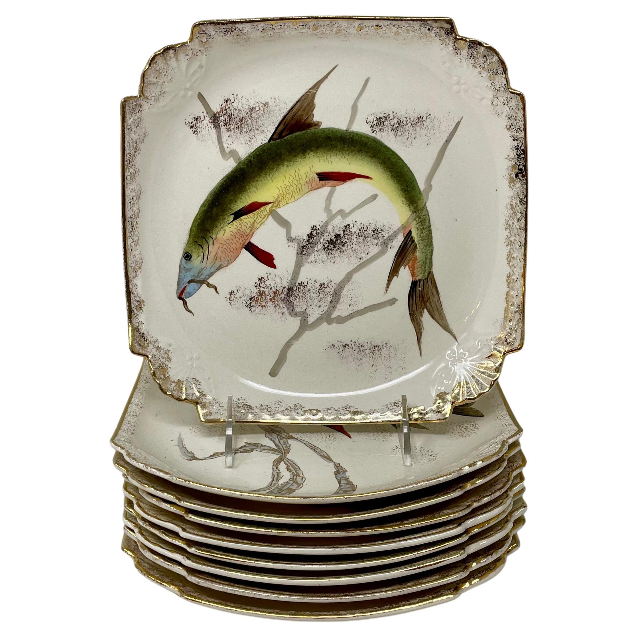 Antique German Earthenware Fish Set Signed 