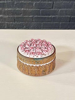 Antique German Elfinware Porcelain Roses Trinket Box w/ Brass Accents