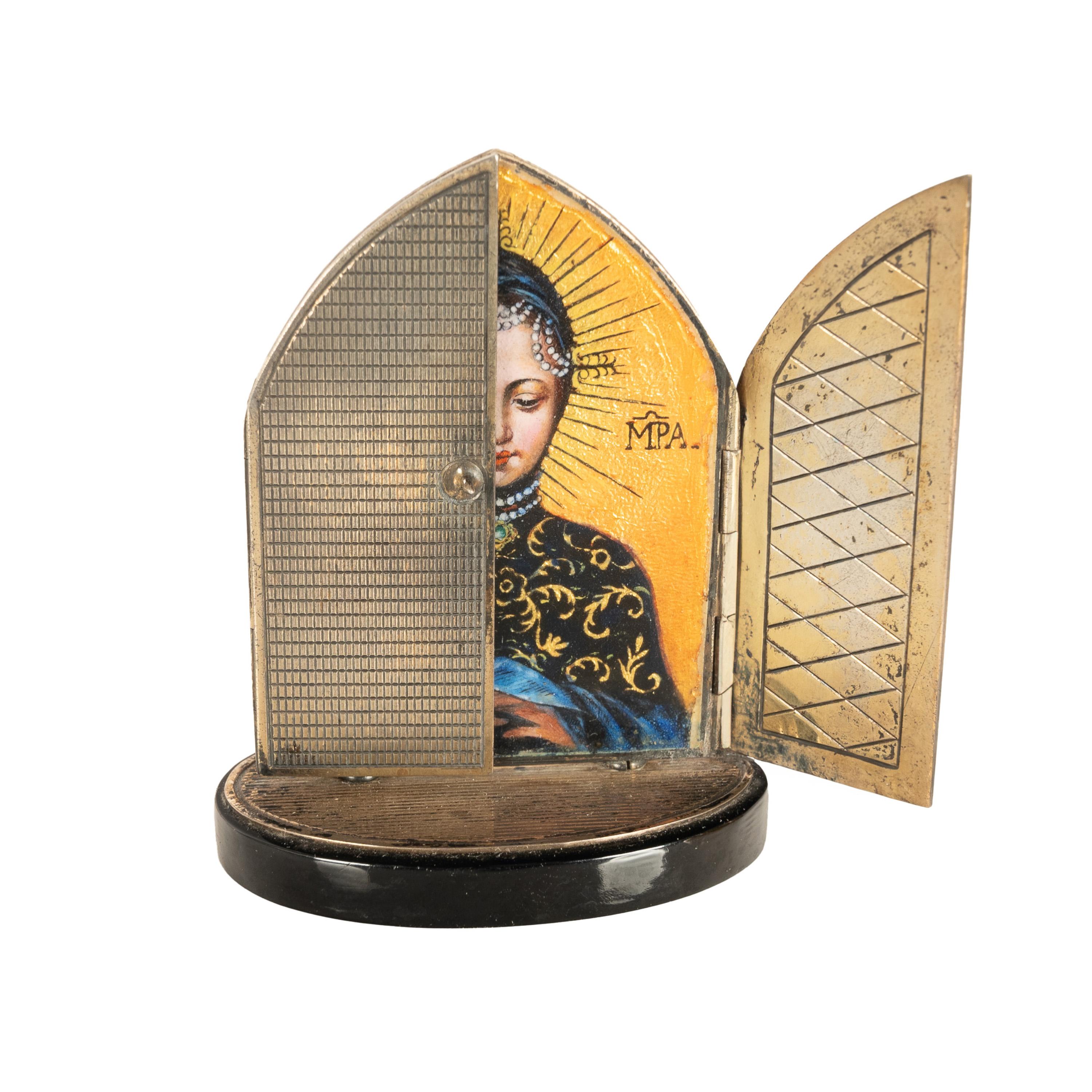Hand-Painted Antique German Enamel Silver Miniature Icon Virgin Mary St.Matthias Trier 1860 For Sale