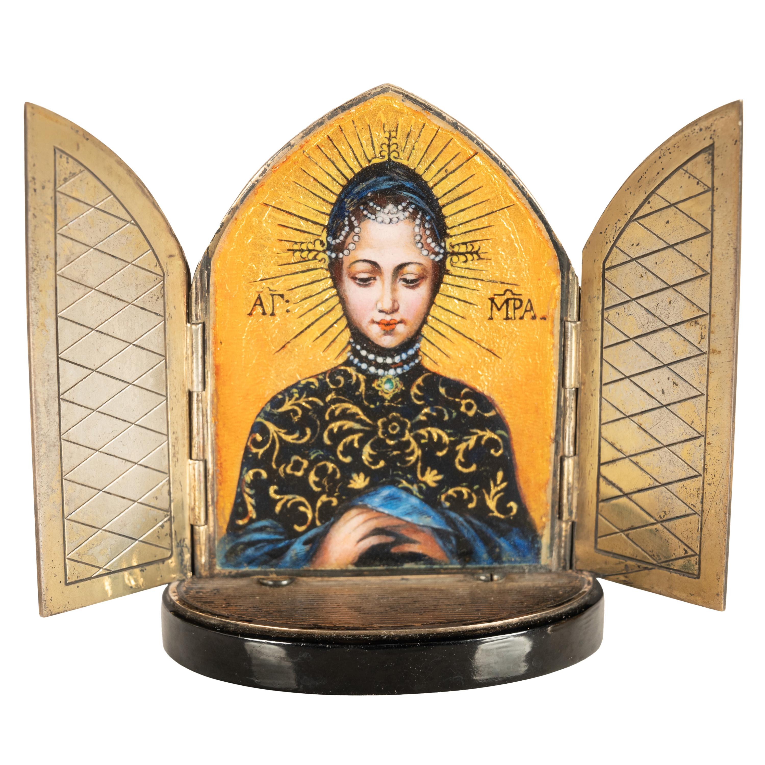 Mid-19th Century Antique German Enamel Silver Miniature Icon Virgin Mary St.Matthias Trier 1860 For Sale