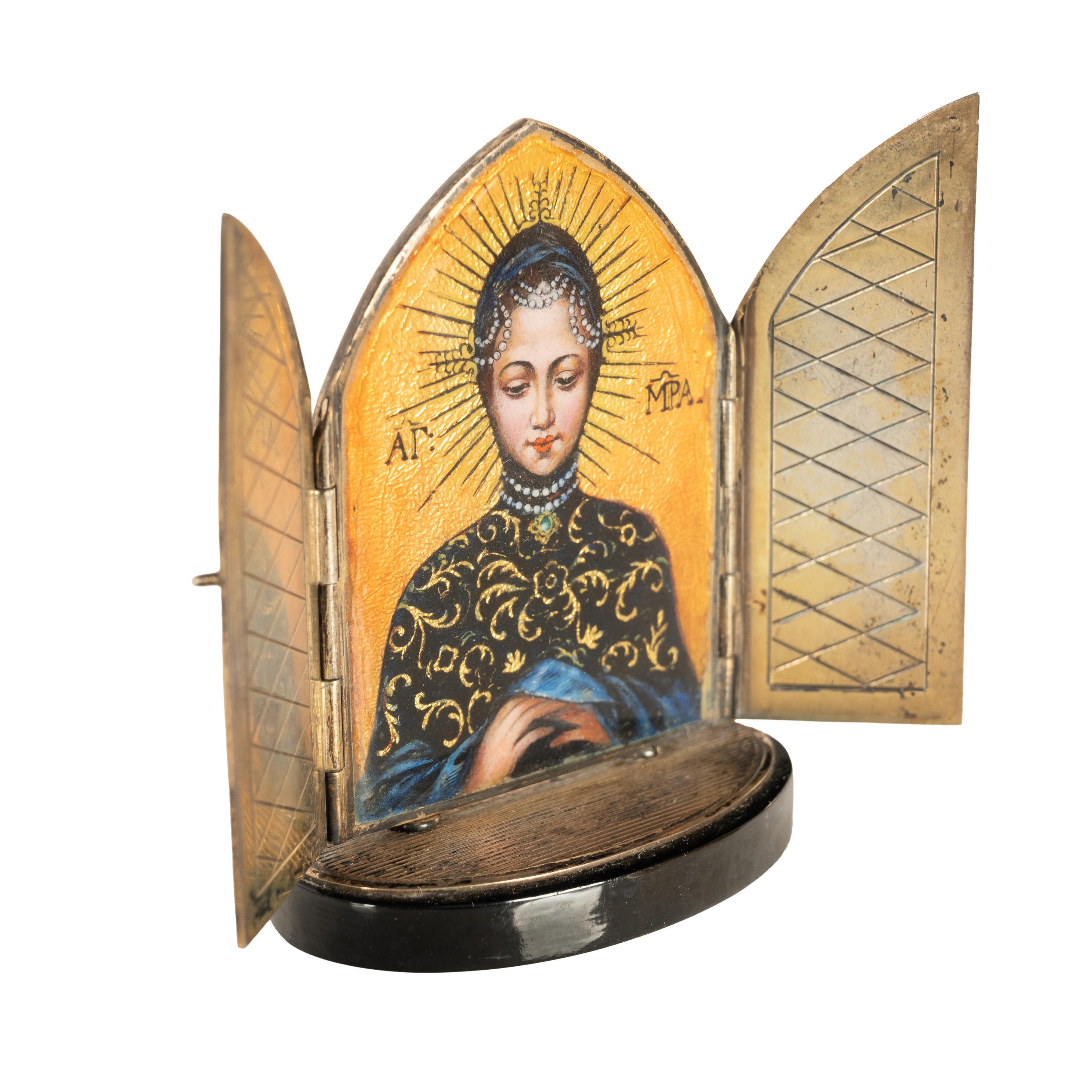 Sterling Silver Antique German Enamel Silver Miniature Icon Virgin Mary St.Matthias Trier 1860 For Sale