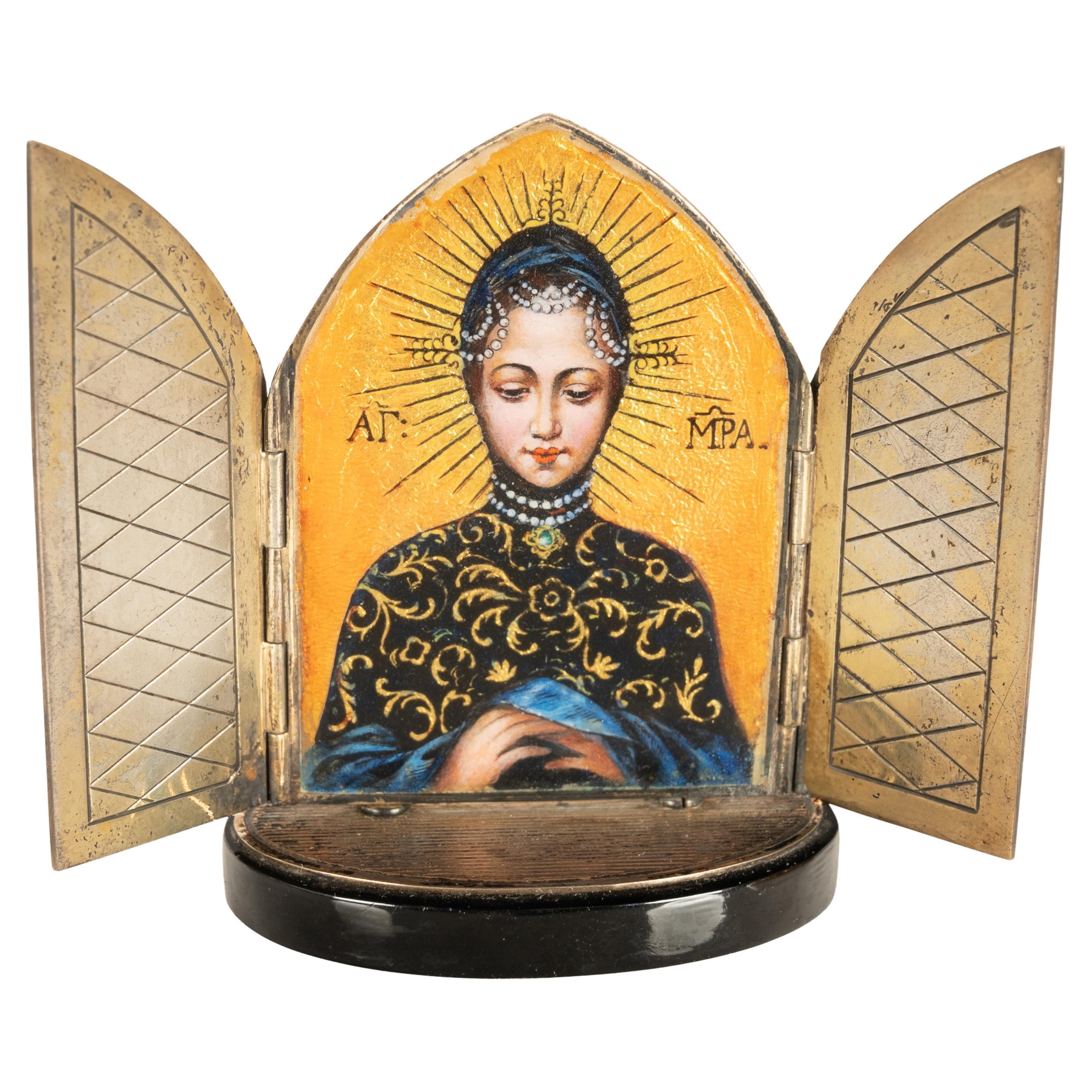 Antique German Enamel Silver Miniature Icon Virgin Mary St.Matthias Trier 1860 For Sale