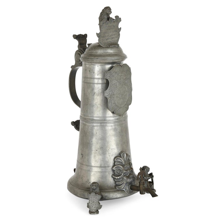 Antique German Engraved Pewter Beer Jug For Sale at 1stDibs