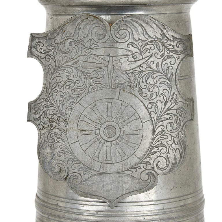 Antique German Engraved Pewter Beer Jug For Sale at 1stDibs