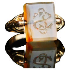 Antique German ES/SE Signet Swivel Ring Chalcedony solid 14K Gold Ø 3.5US /2.5gr