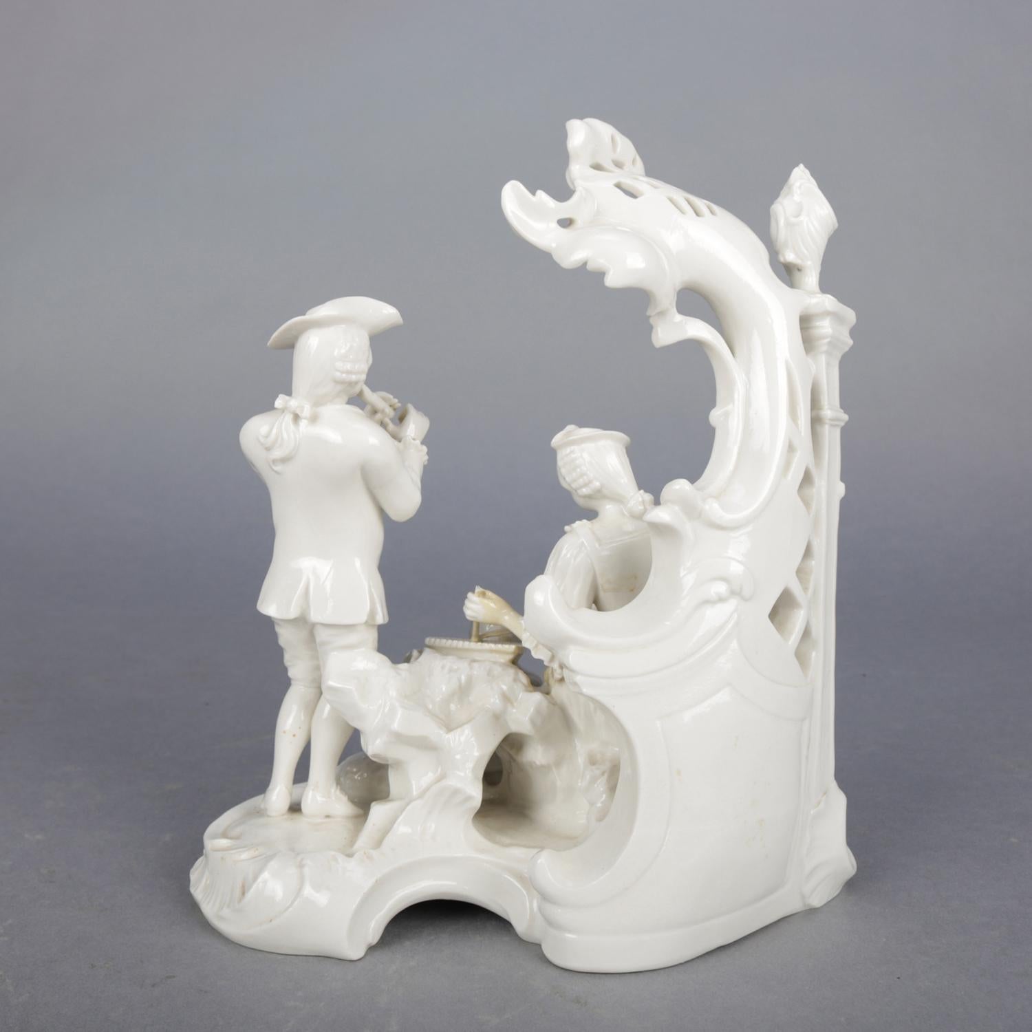 Glazed Antique German Figural Blanc de Chine Family Grouping, Parlor Music Scene
