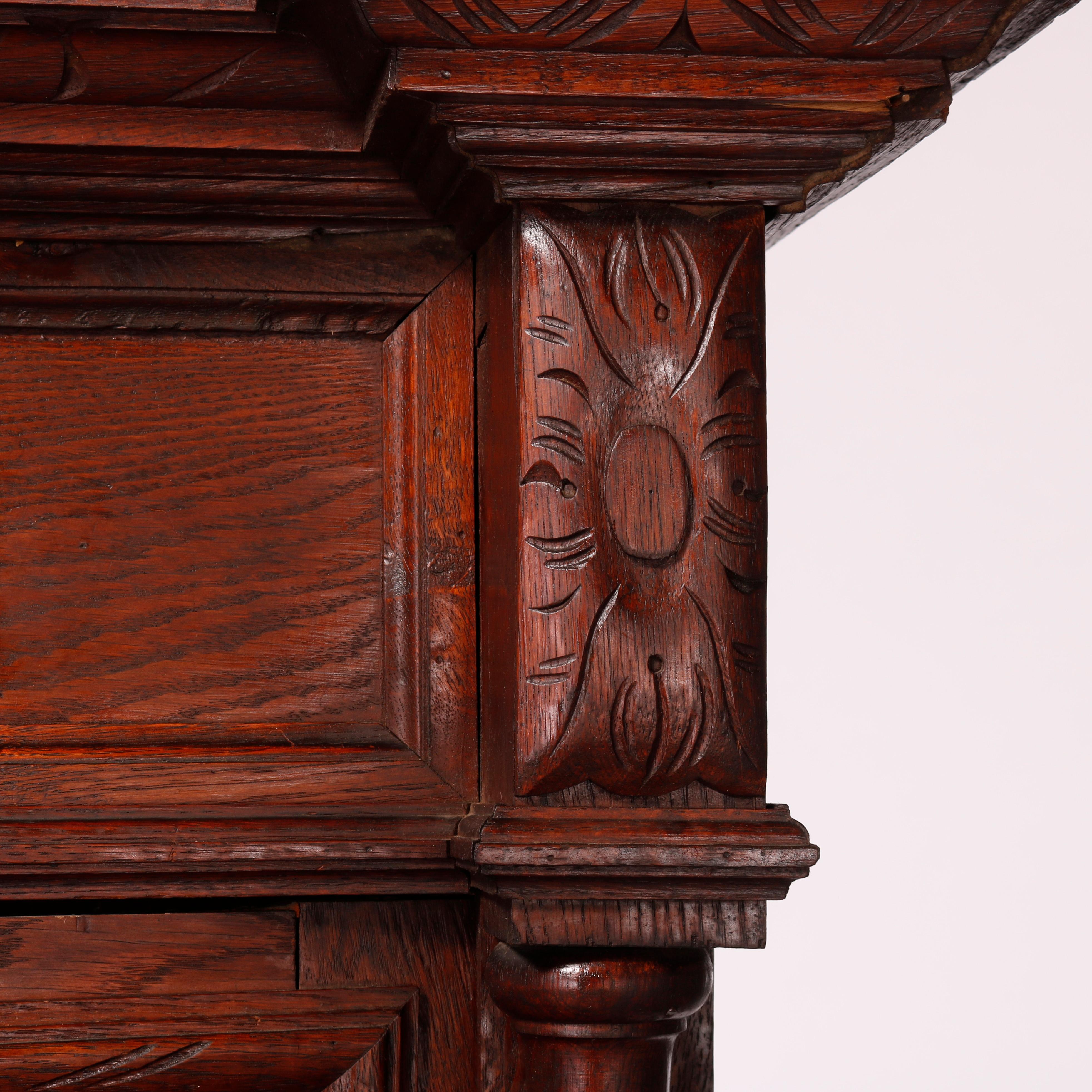 Antique German Figural Carved Oak & Leaded Glass Court Cabinet circa 1890 6