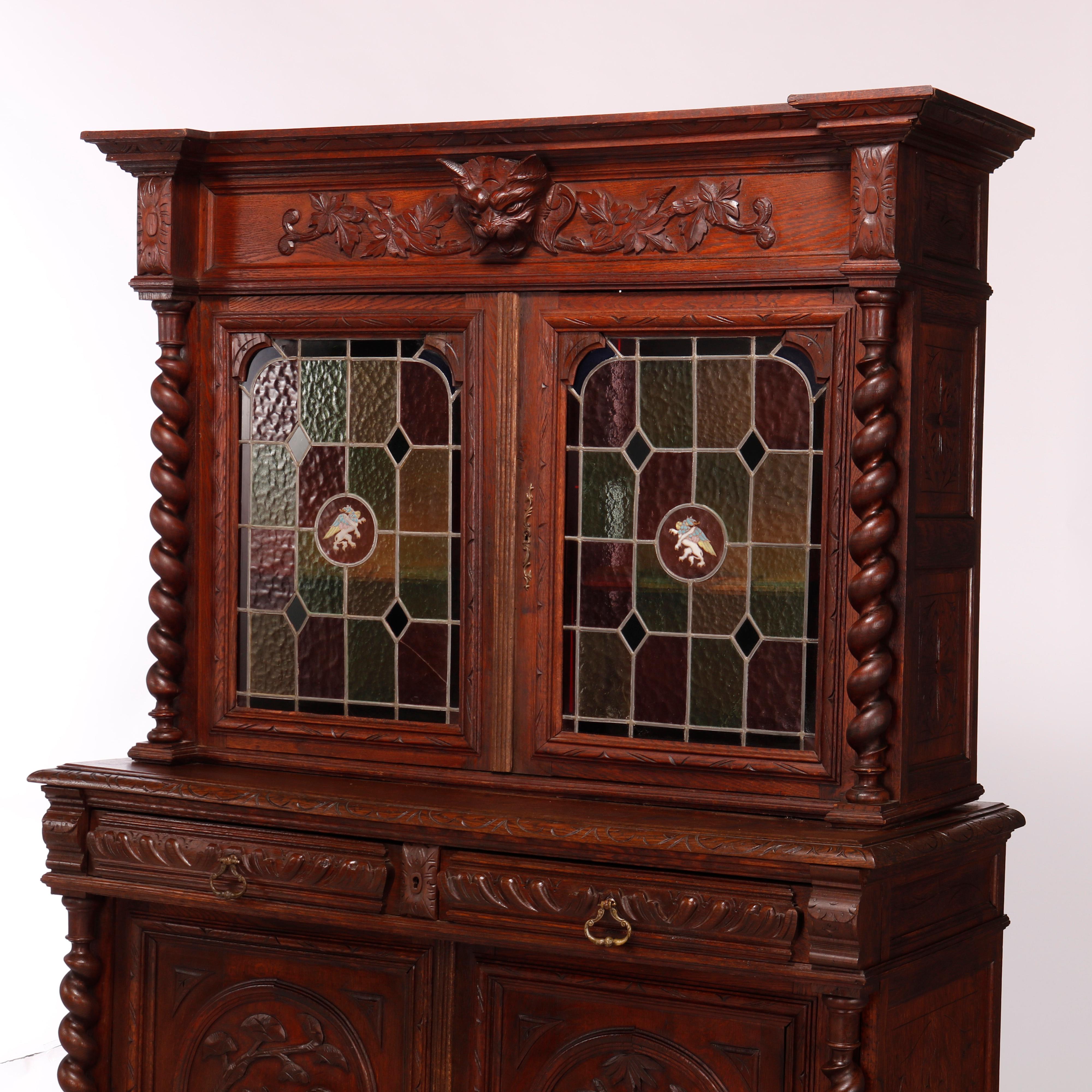 Black Forest Antique German Figural Carved Oak & Leaded Glass Court Cabinet circa 1890