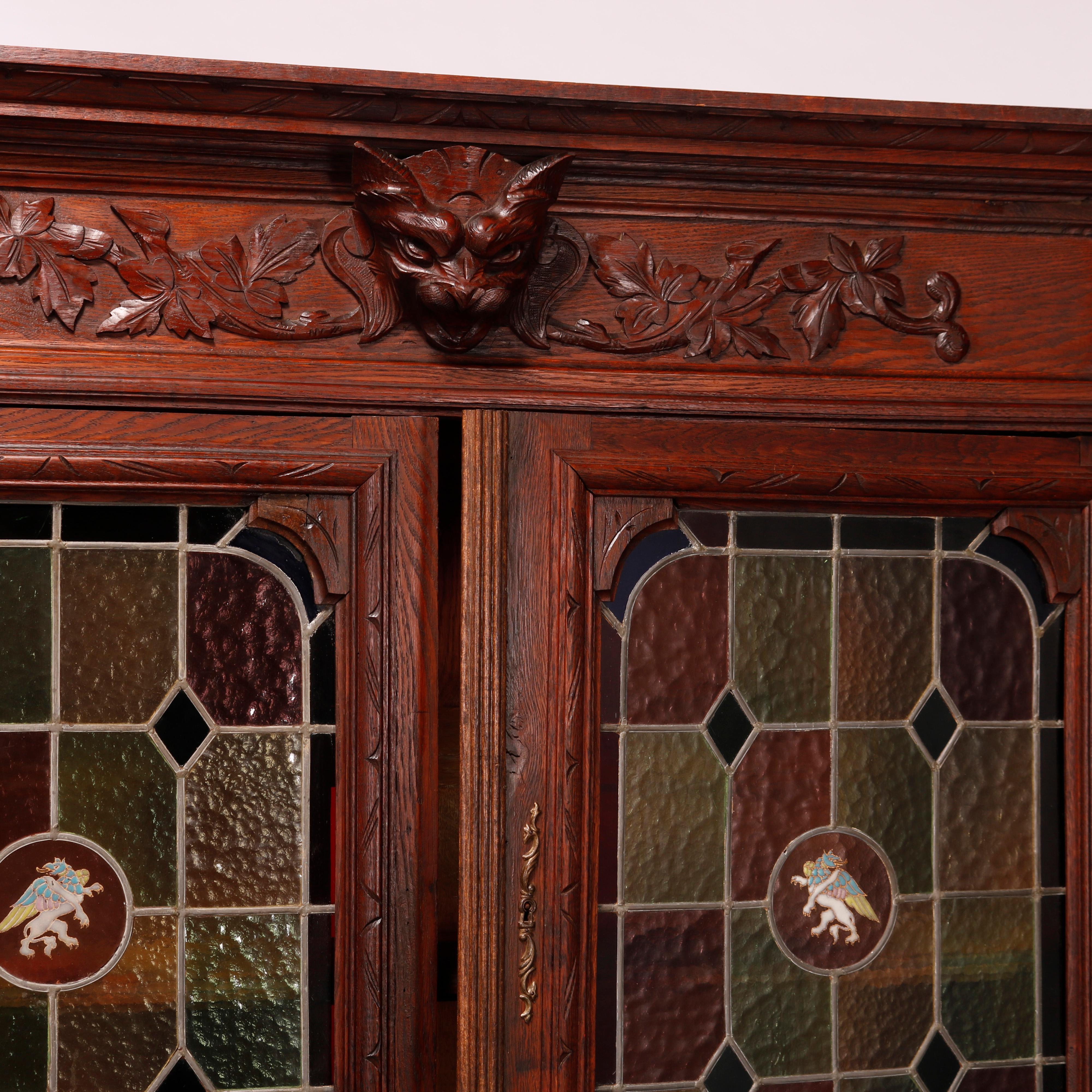 Antique German Figural Carved Oak & Leaded Glass Court Cabinet circa 1890 In Good Condition In Big Flats, NY