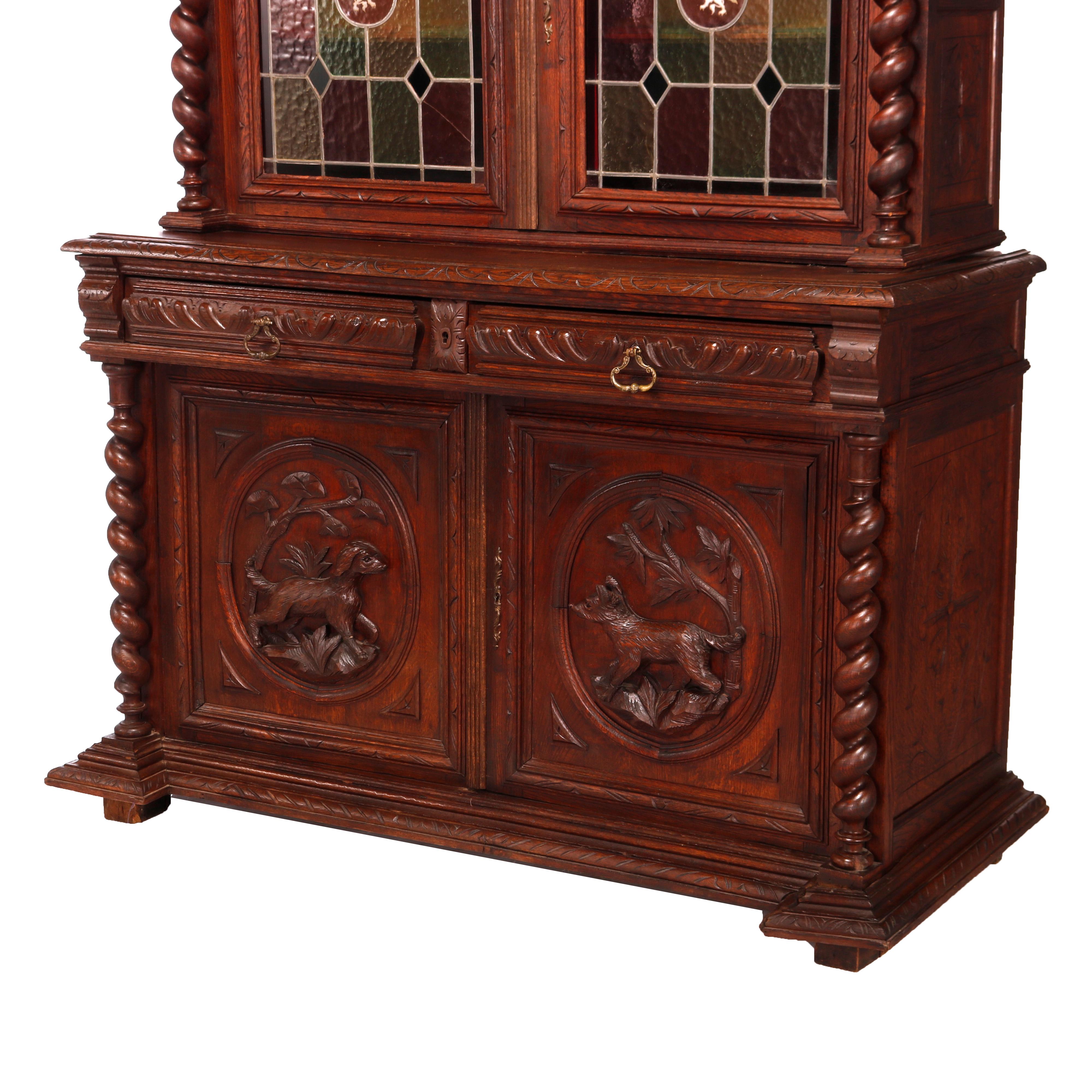 19th Century Antique German Figural Carved Oak & Leaded Glass Court Cabinet circa 1890
