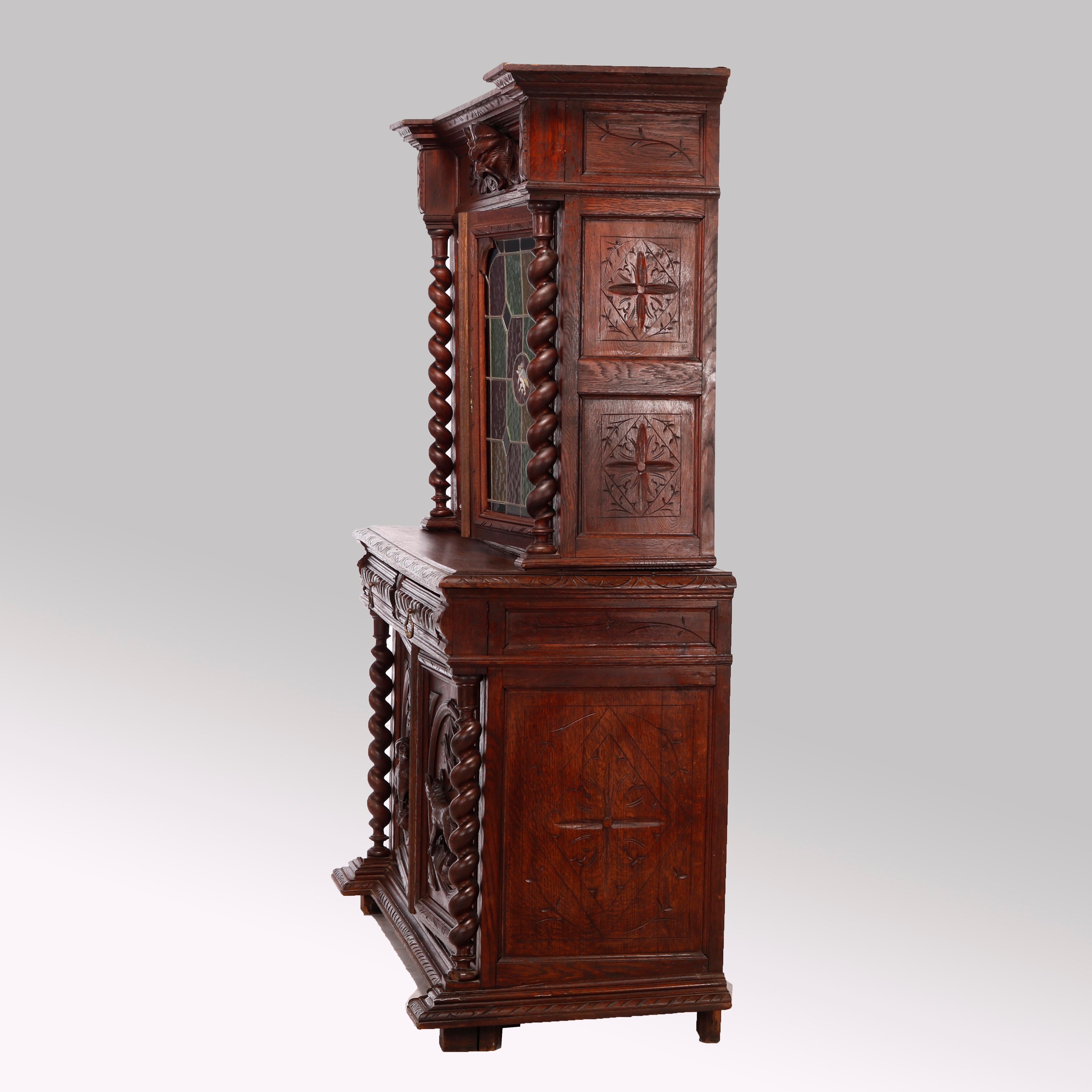 Antique German Figural Carved Oak & Leaded Glass Court Cabinet circa 1890 (19. Jahrhundert)