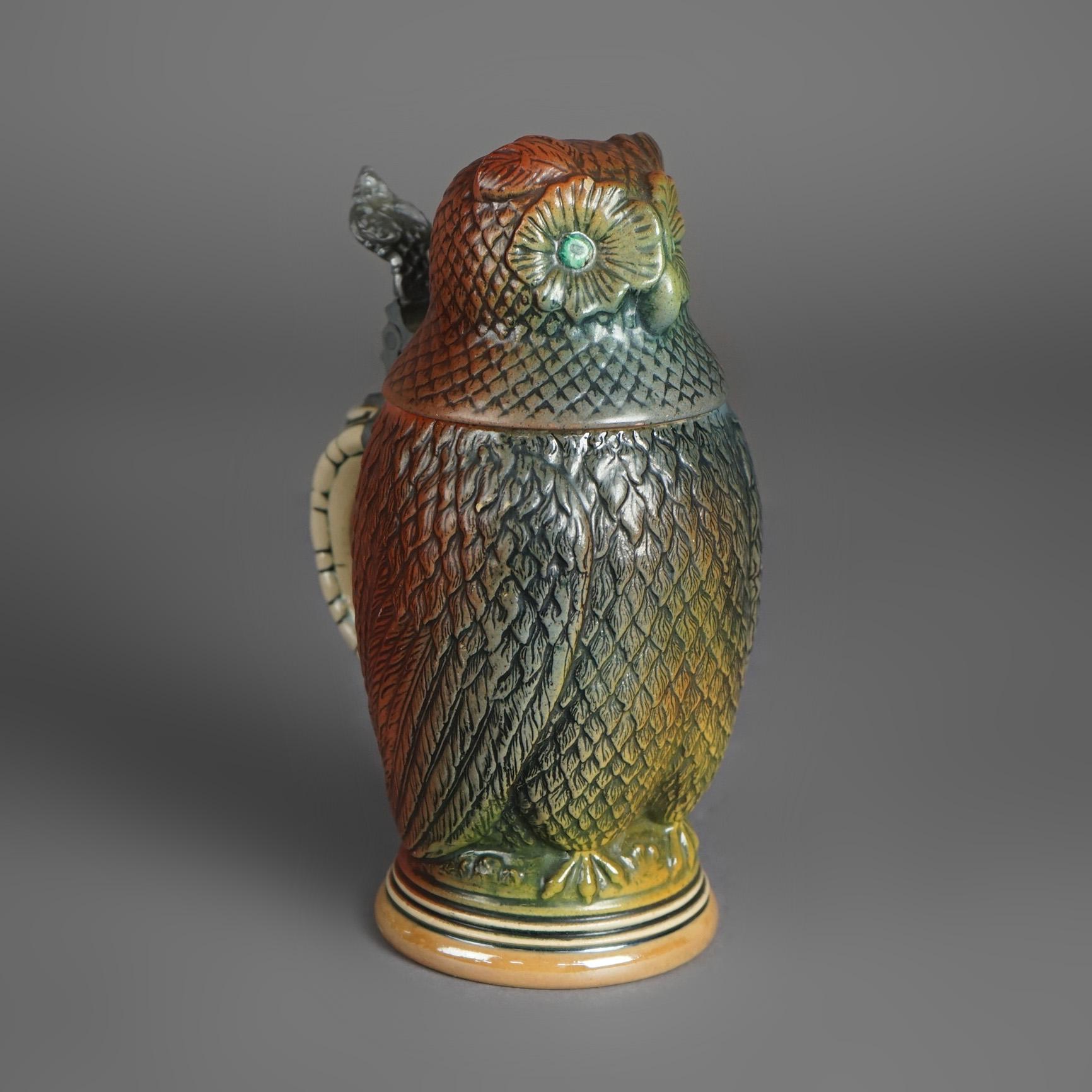Antique German Figural Character Owl Pottery Stein Circa 1900 In Good Condition In Big Flats, NY