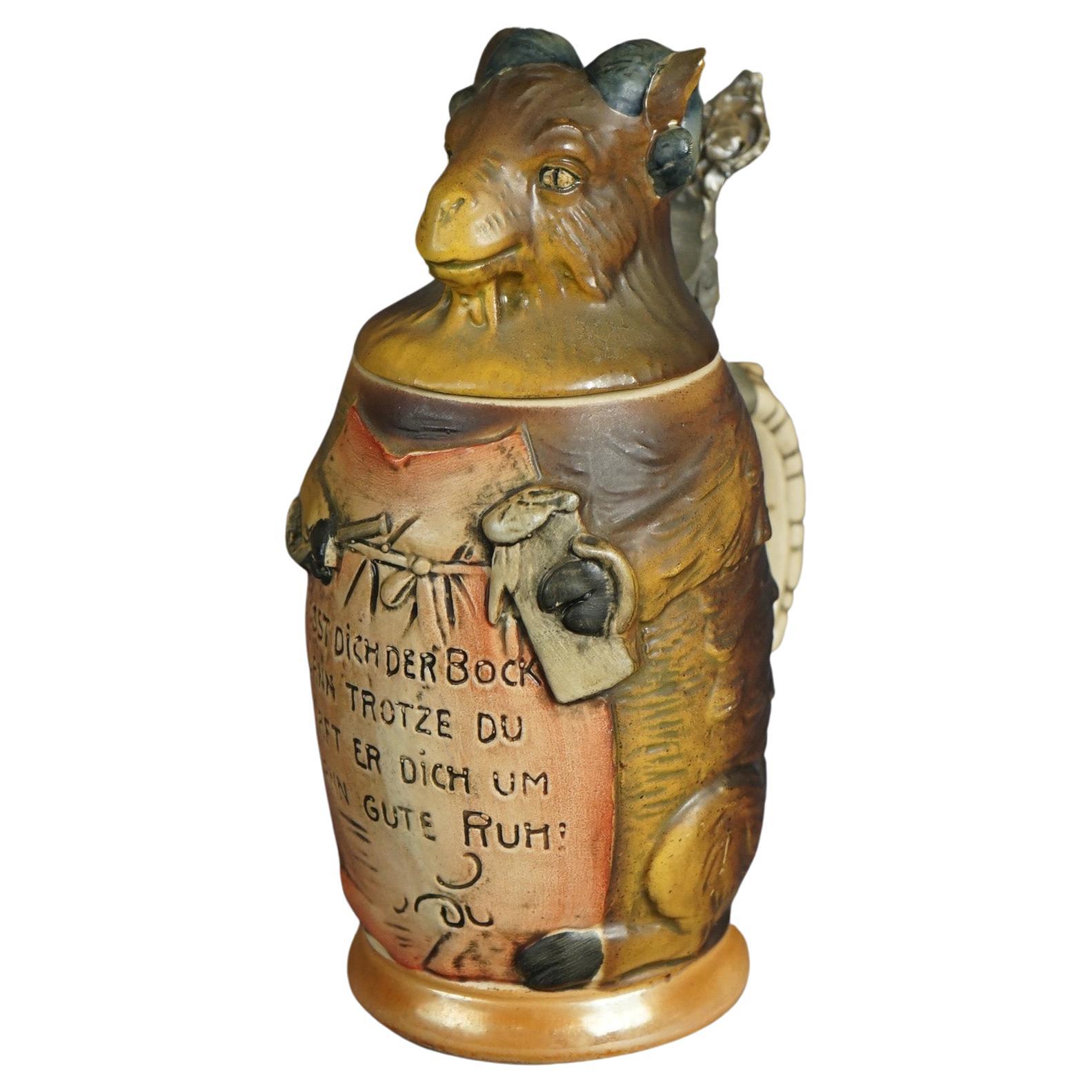 Antique German Figural Character Ram German Pottery Stein Circa 1900 For Sale