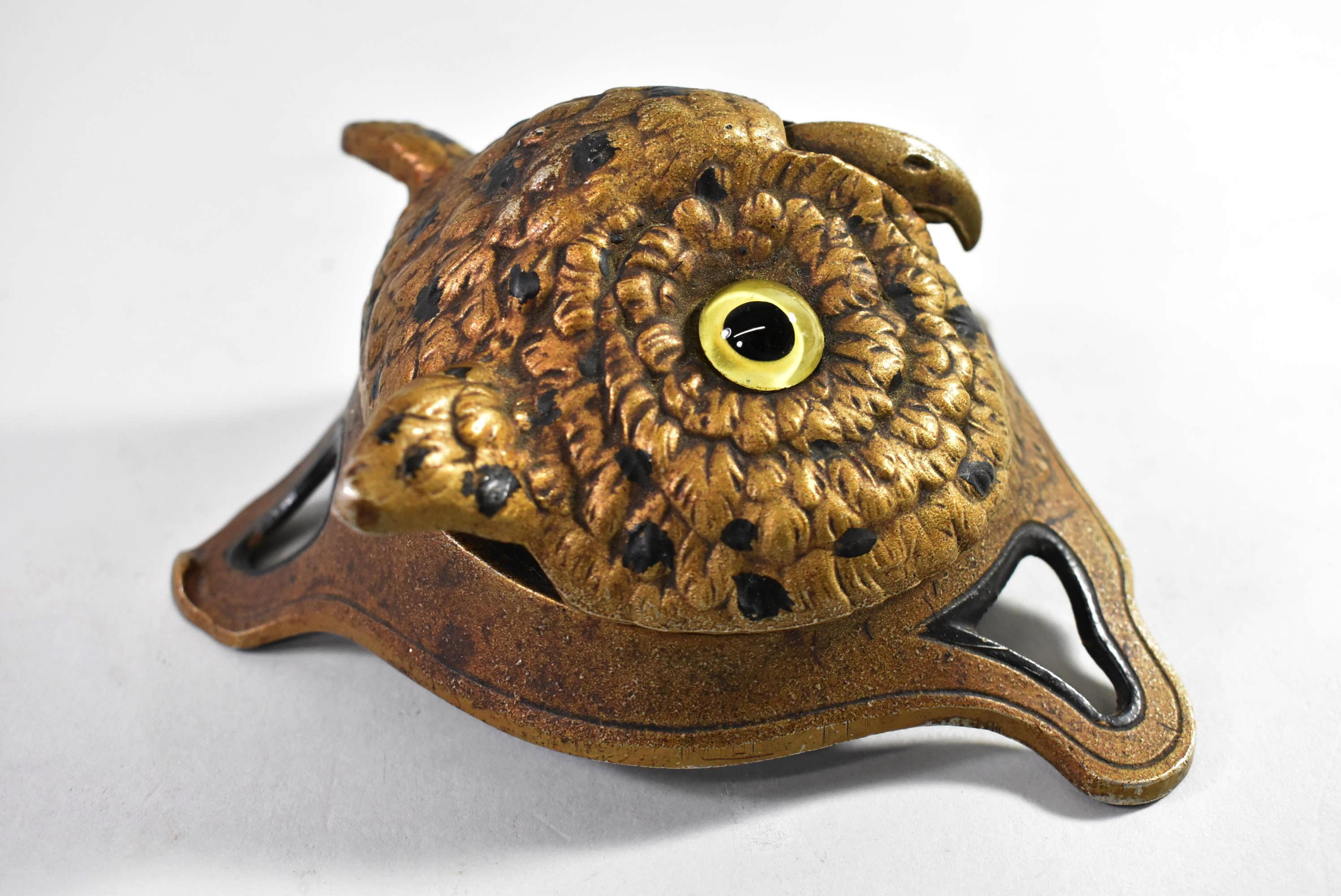Rare German figural owl desk bell with original glass eyes. Marked on the bottom D.R.G.M. #192197. Push beak for bell to ring.