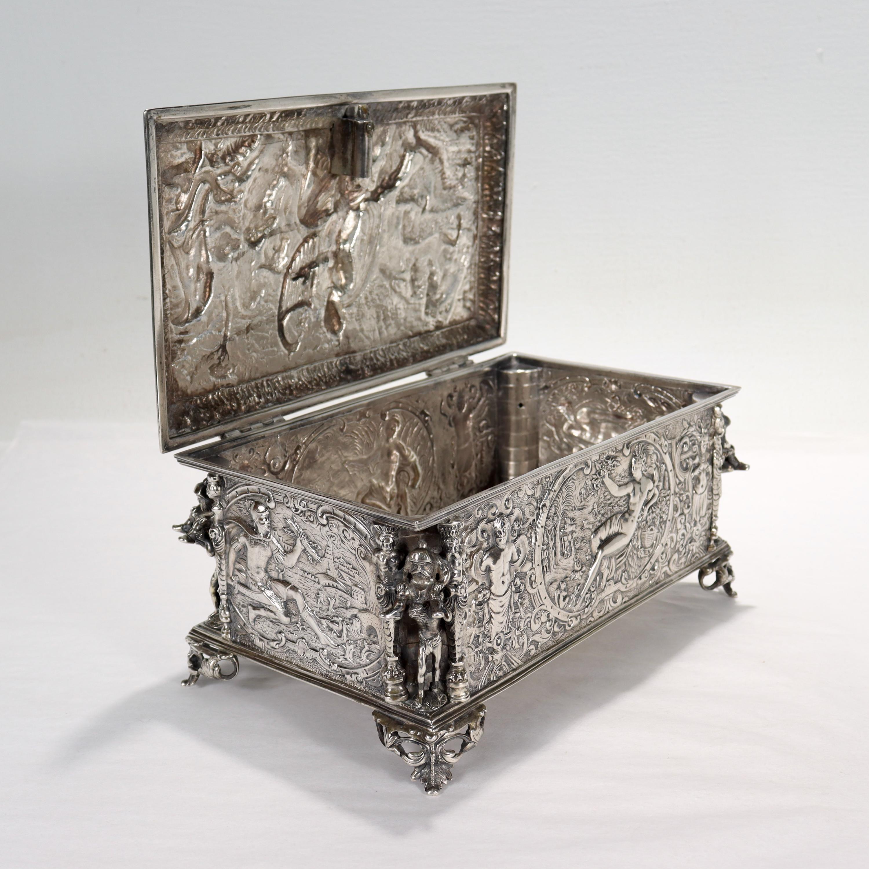 Antique German Figural Renaissance Revival Solid Silver Table Box or Casket For Sale 4