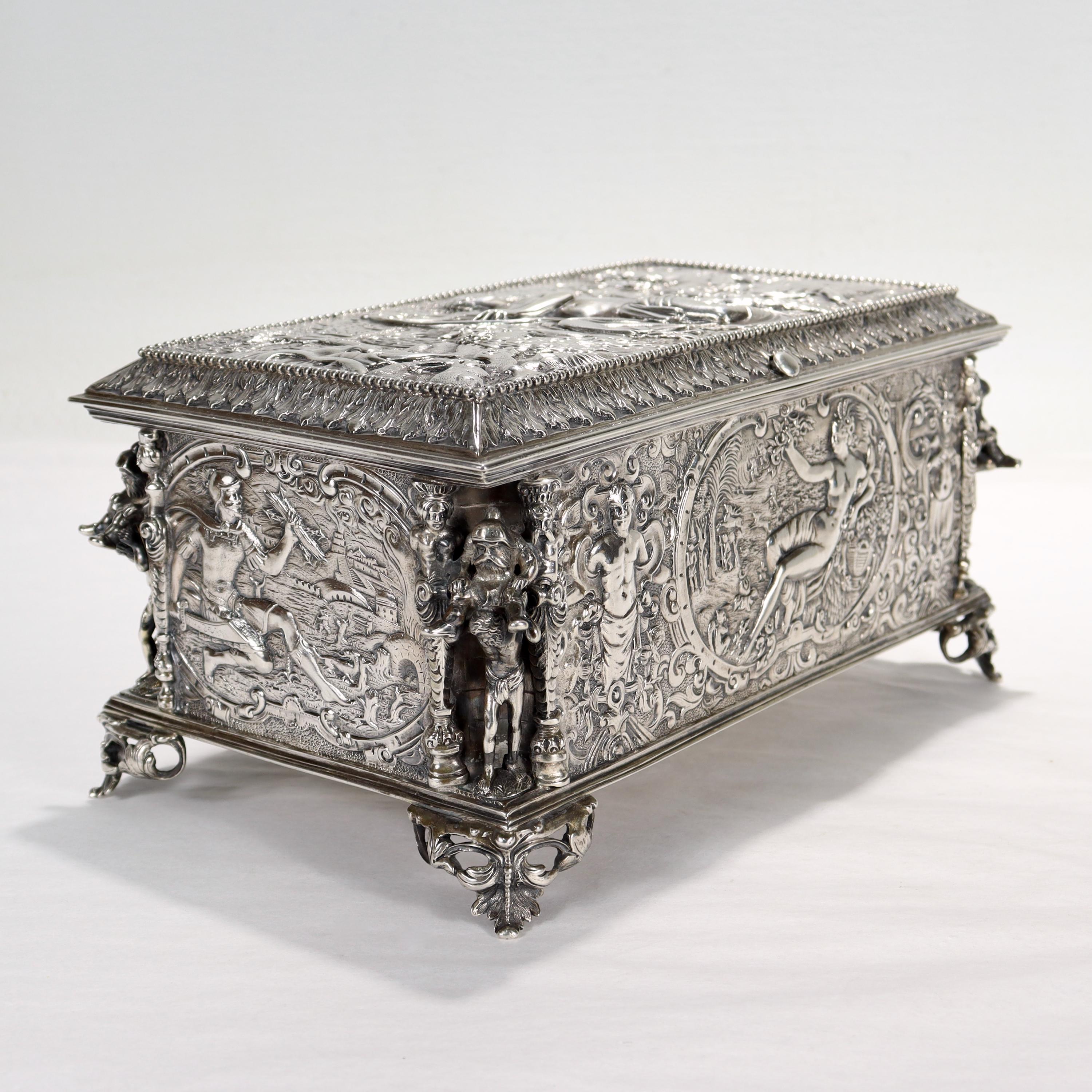 A very fine Renaissance Revival table box or casket.

In solid silver (likely 800 fine).

Likely by Gebrüder Neumann or Storck & Sinsheimer of Hanau, Germany. (Storck & Sinsheimer exhibited at the 1876 Philadelphia International Exhibition.)

With a