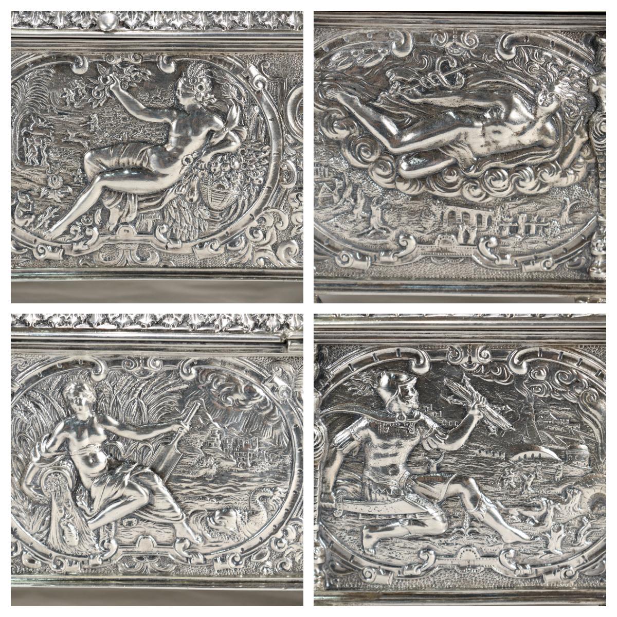 Antike deutsche figurale Tischschachtel oder Schatulle aus massivem Silber im Renaissance-Revival-Stil (Neorenaissance) im Angebot