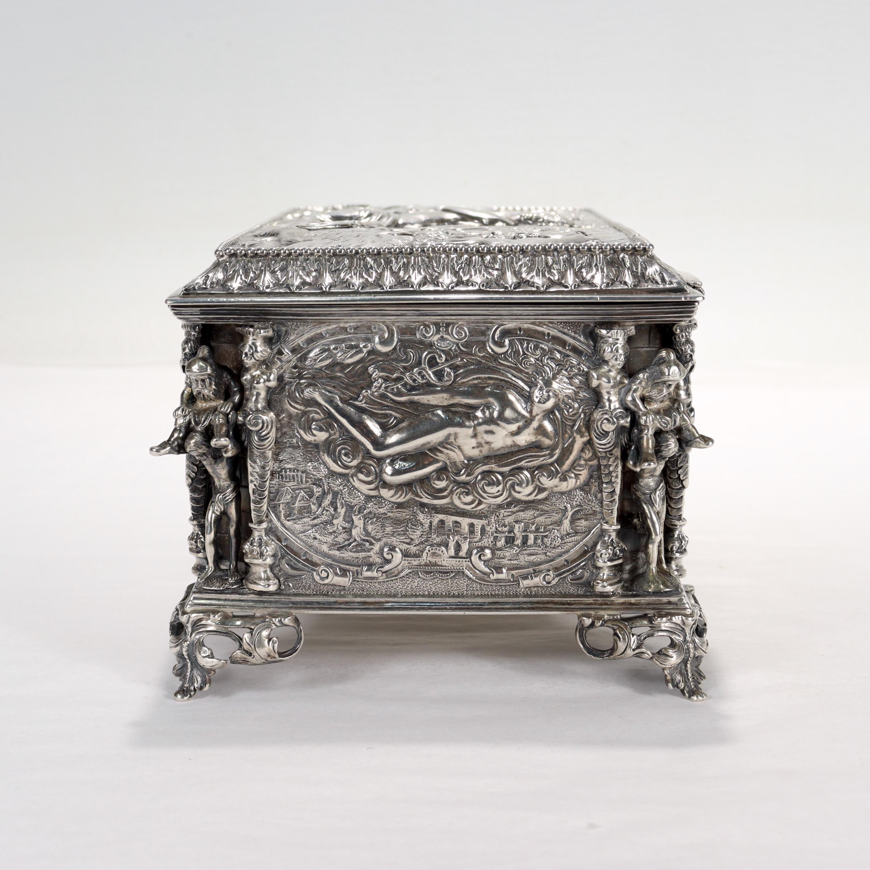 Women's or Men's Antique German Figural Renaissance Revival Solid Silver Table Box or Casket For Sale